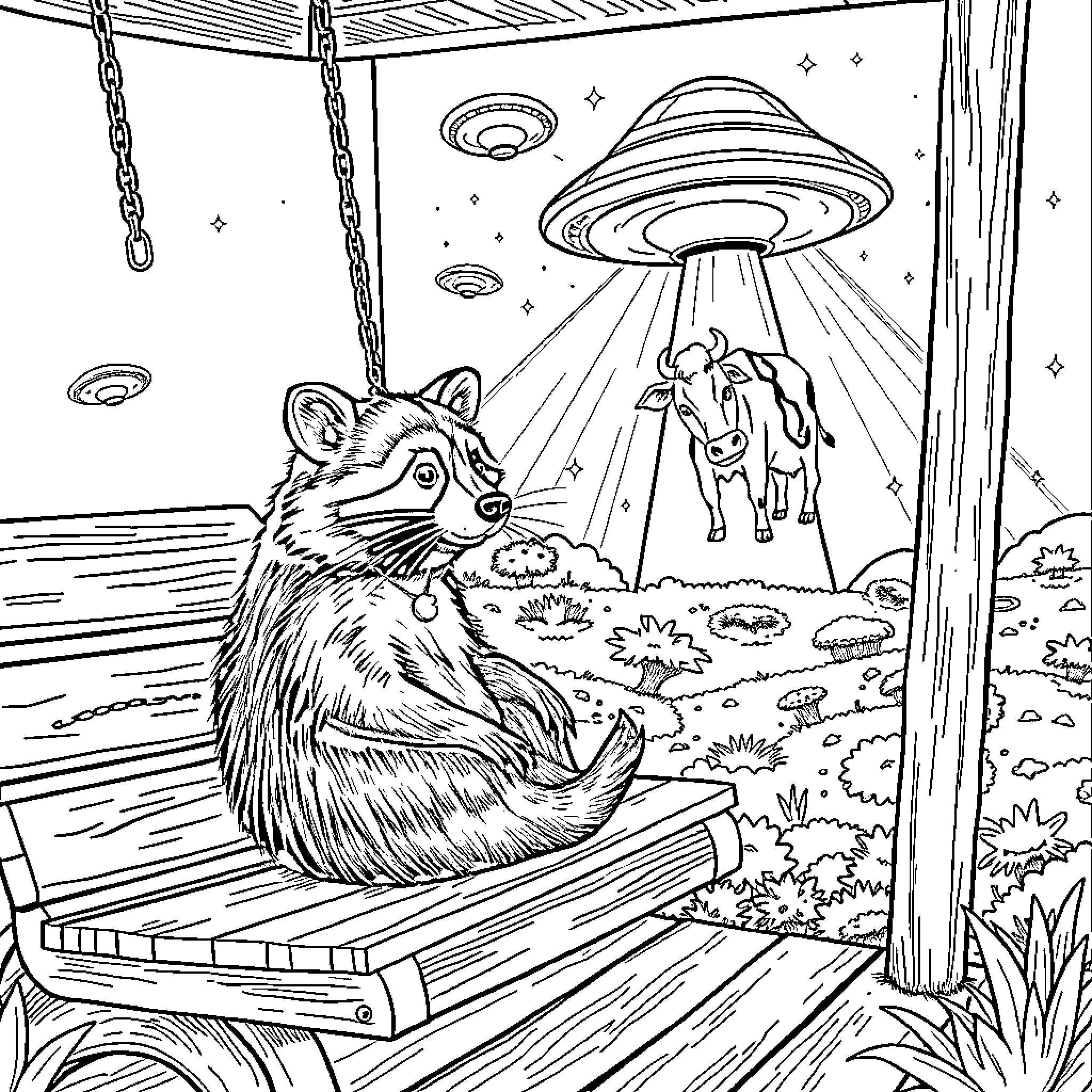 Raccoon observing a UFO abduction in the woods Coloring Page (free black-and-white line drawing printable PDF for all, from beginners to advanced learners, including children, teens, adults, and seniors)