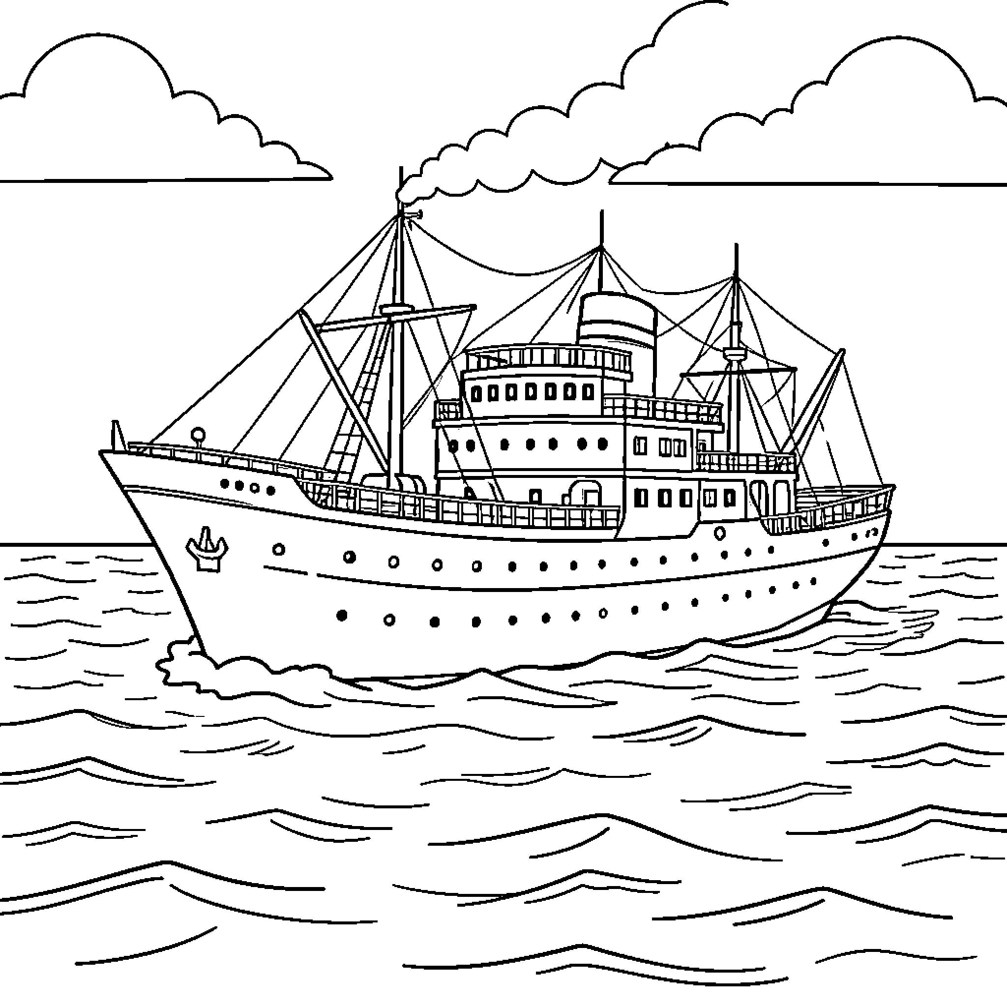 Ship sailing through wavy ocean waters under clouds Coloring Page (free black-and-white line drawing printable PDF for all, from beginners to advanced learners, including children, teens, adults, and seniors)