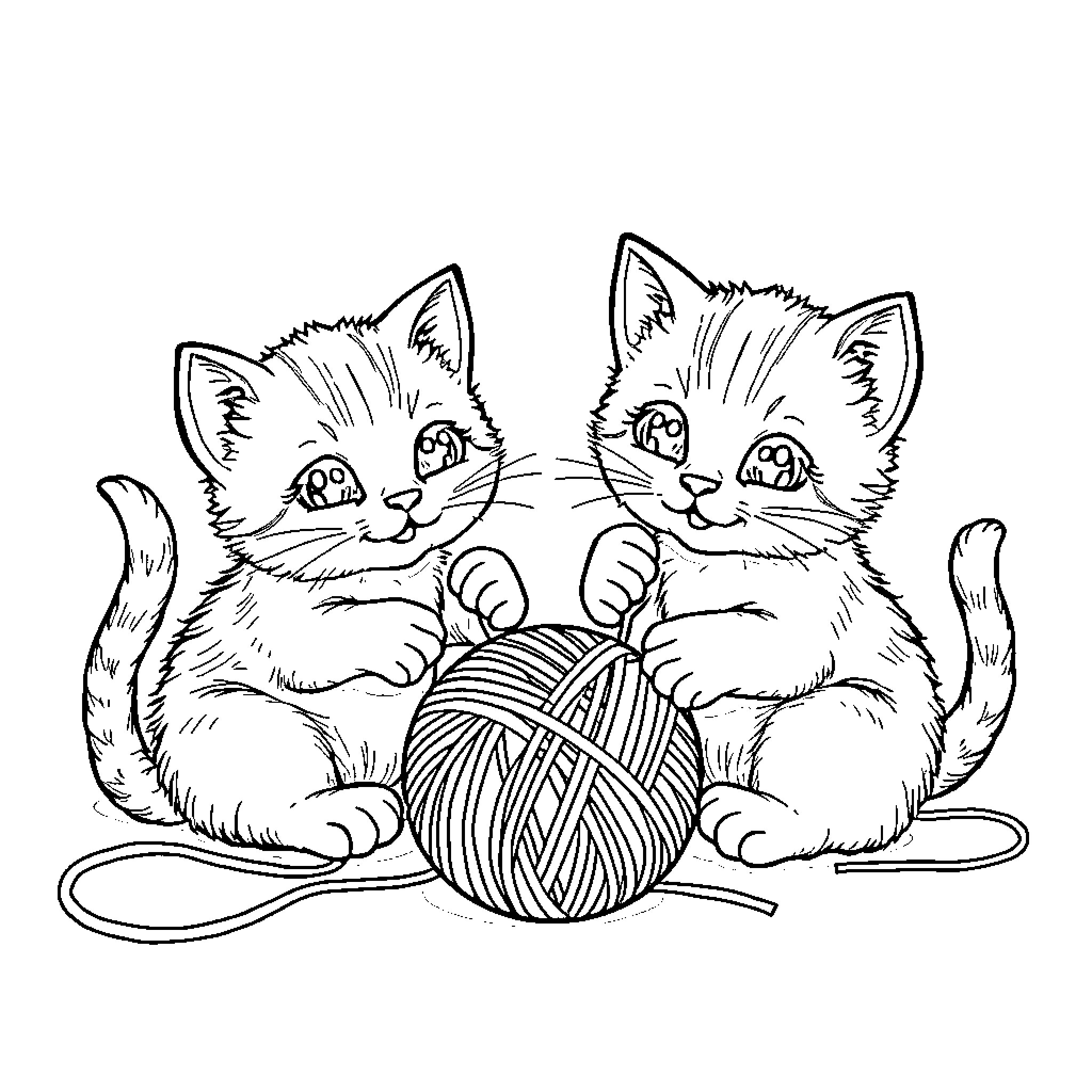 Cats playing with yarn ball Coloring Page (free black-and-white line drawing printable PDF for all, from beginners to advanced learners, including children, teens, adults, and seniors)