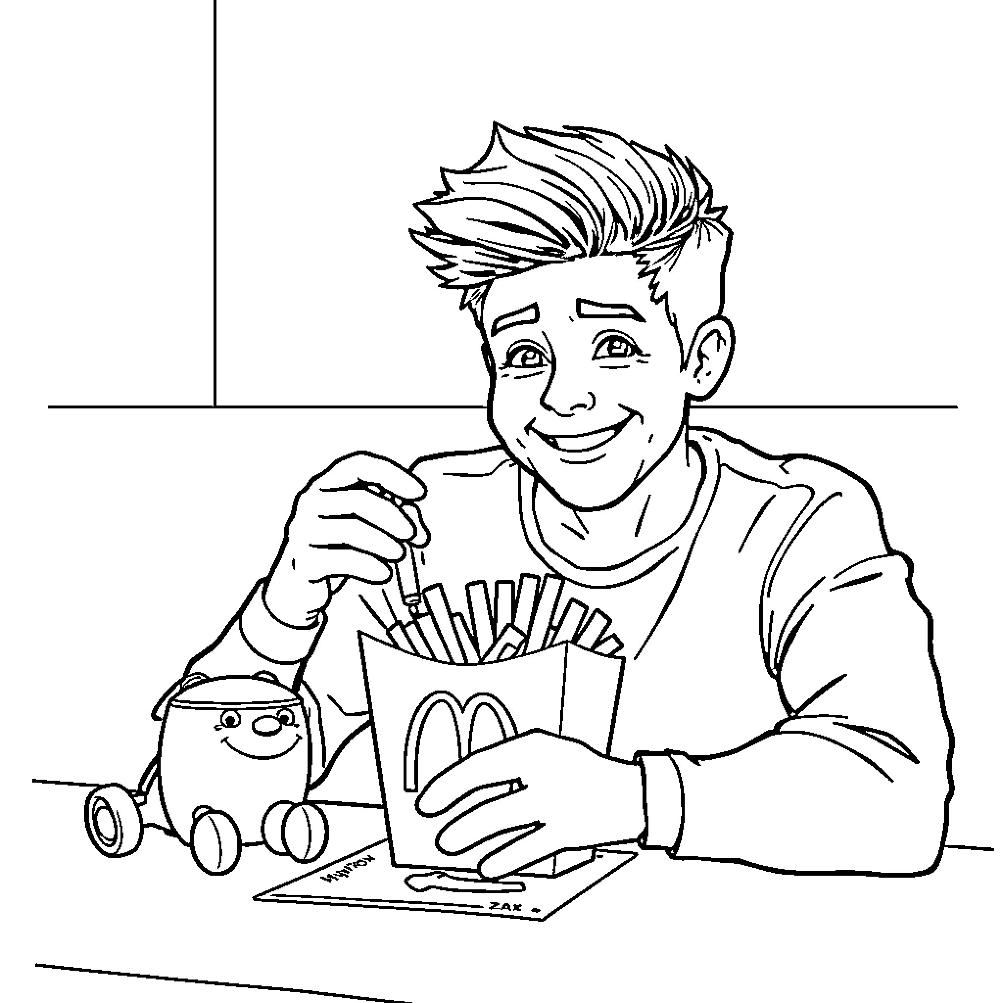 Zac Efron enjoying a fast food meal Coloring Page (free black-and-white line drawing printable PDF for all, from beginners to advanced learners, including children, teens, adults, and seniors)