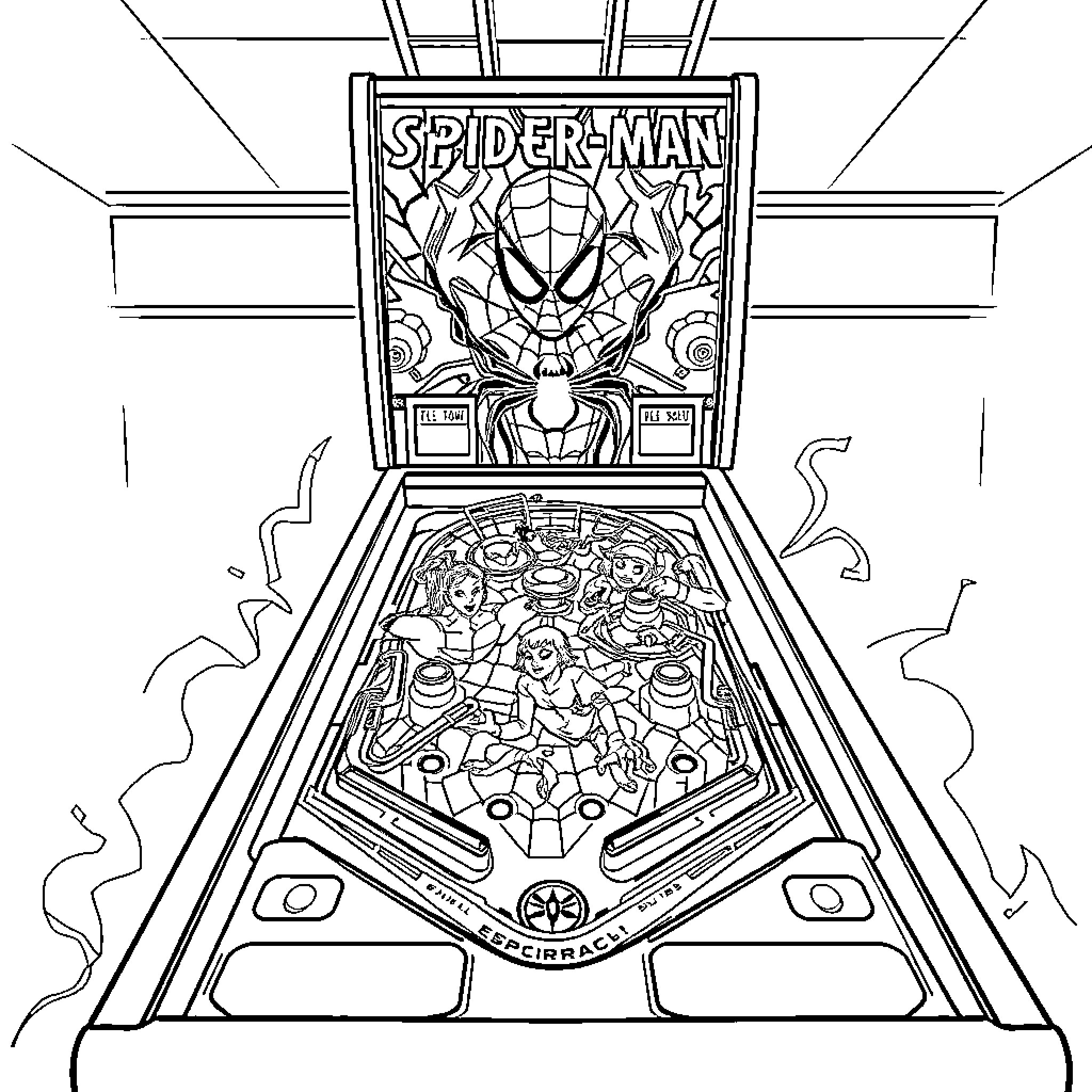 Spiderman pinball machine artwork display Coloring Page (free black-and-white line drawing printable PDF for all, from beginners to advanced learners, including children, teens, adults, and seniors)