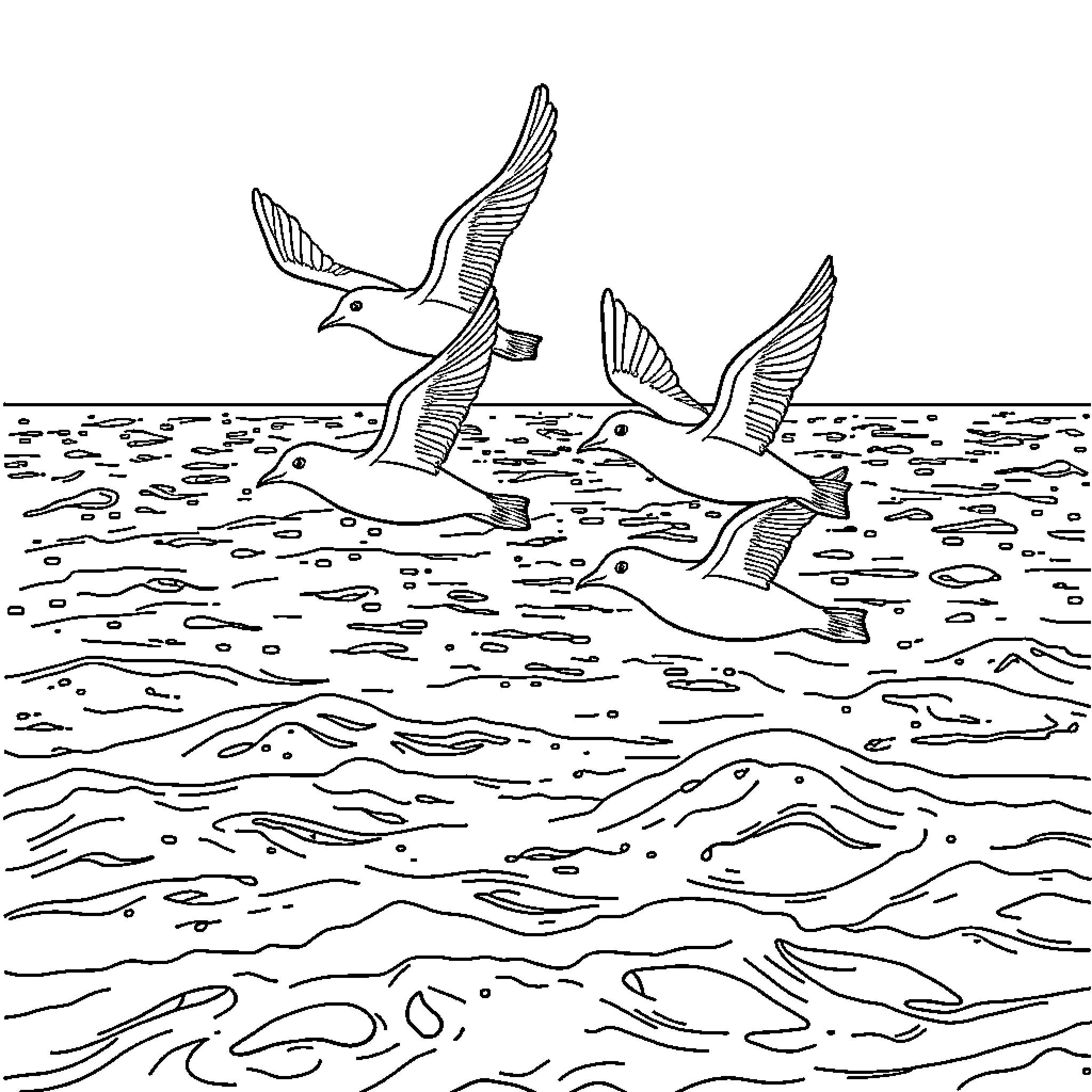 Birds soaring gracefully over the waves Coloring Page (free black-and-white line drawing printable PDF for all, from beginners to advanced learners, including children, teens, adults, and seniors)