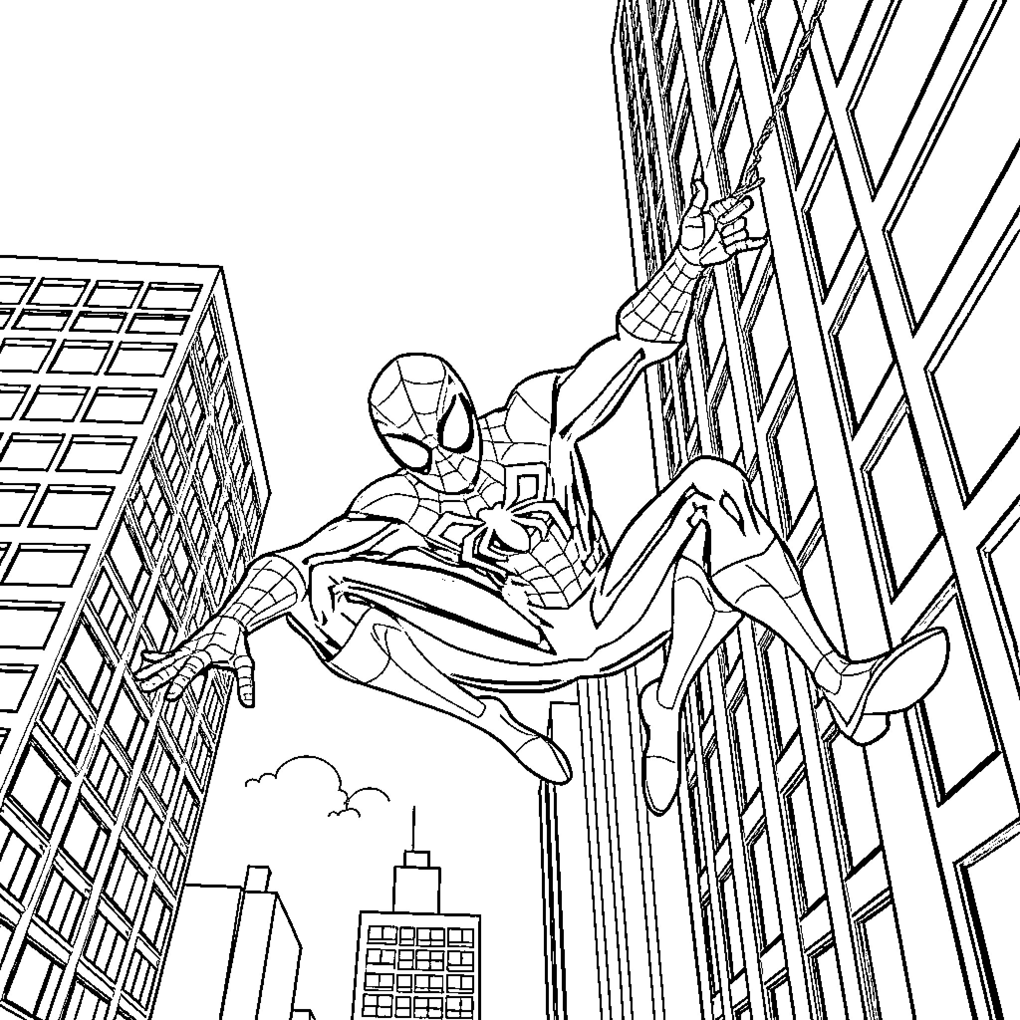 Miles Morales Spider-Man swinging through the city Coloring Page (free black-and-white line drawing printable PDF for all, from beginners to advanced learners, including children, teens, adults, and seniors)
