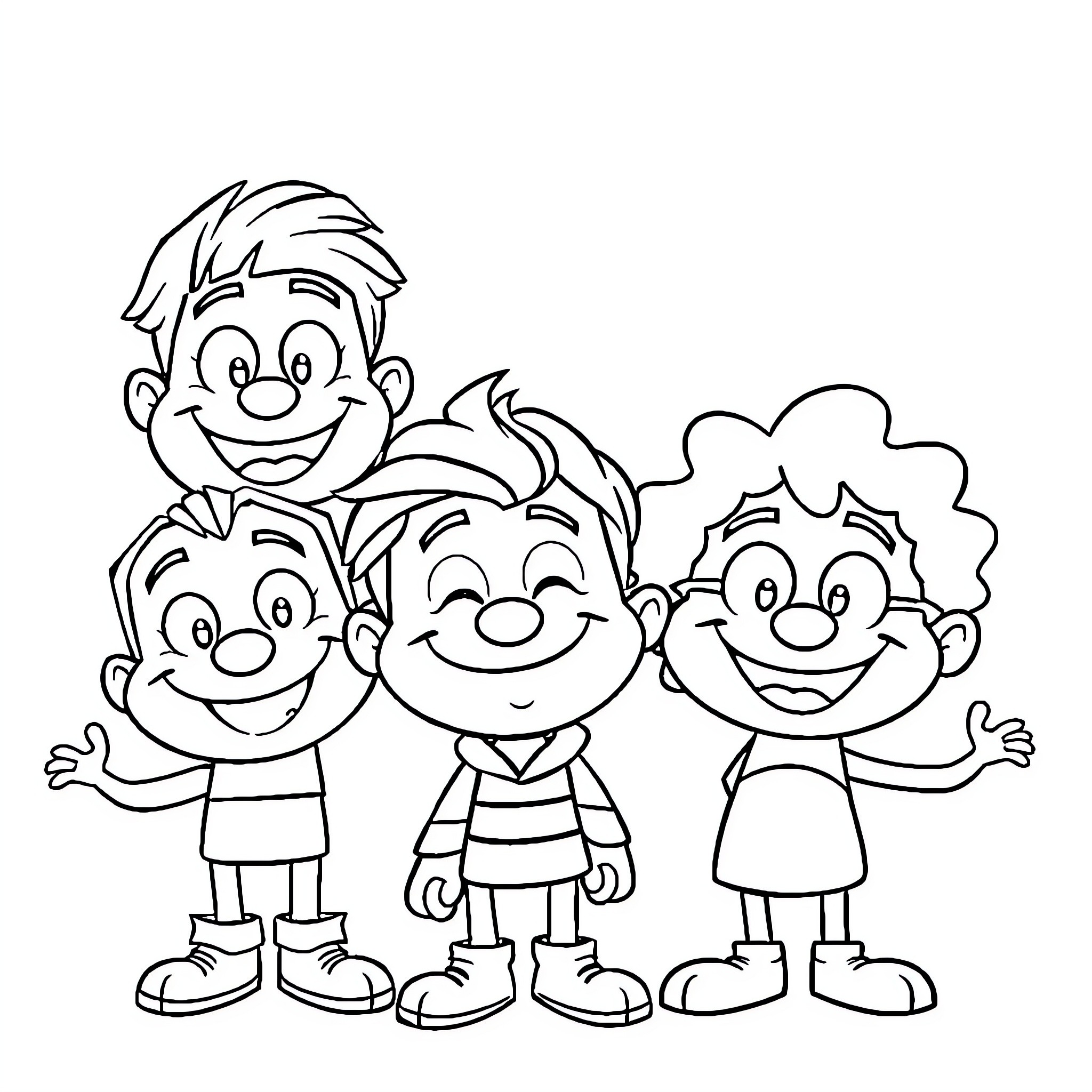 Cartoon Characters Happily Interacting Coloring Page (free black-and-white line drawing printable PDF for all, from beginners to advanced learners, including children, teens, adults, and seniors)