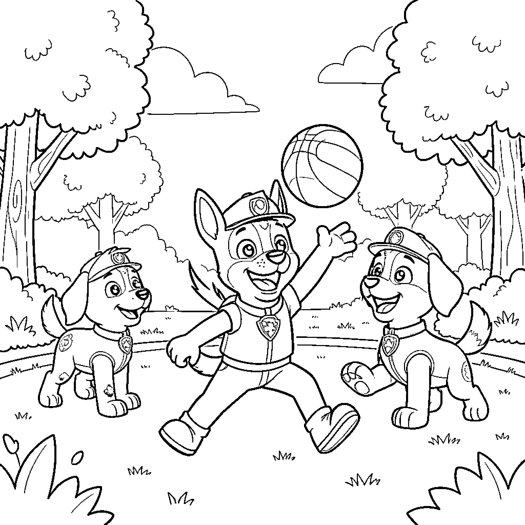 Marschall's Playful Adventure with Paw Patrol Pups Coloring Page (free black-and-white line drawing printable PDF for all, from beginners to advanced learners, including children, teens, adults, and seniors)