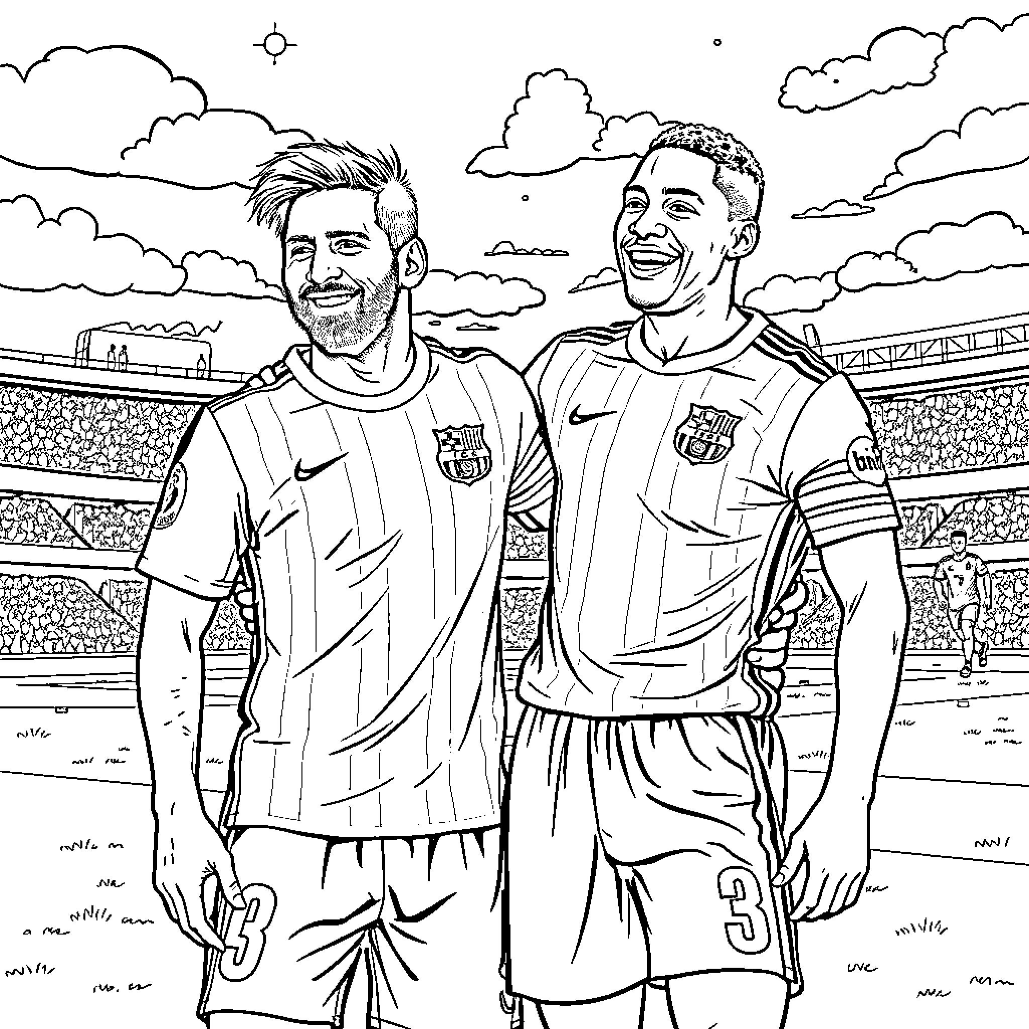 Messi and his teammate on the soccer field Coloring Page (free black-and-white line drawing printable PDF for all, from beginners to advanced learners, including children, teens, adults, and seniors)