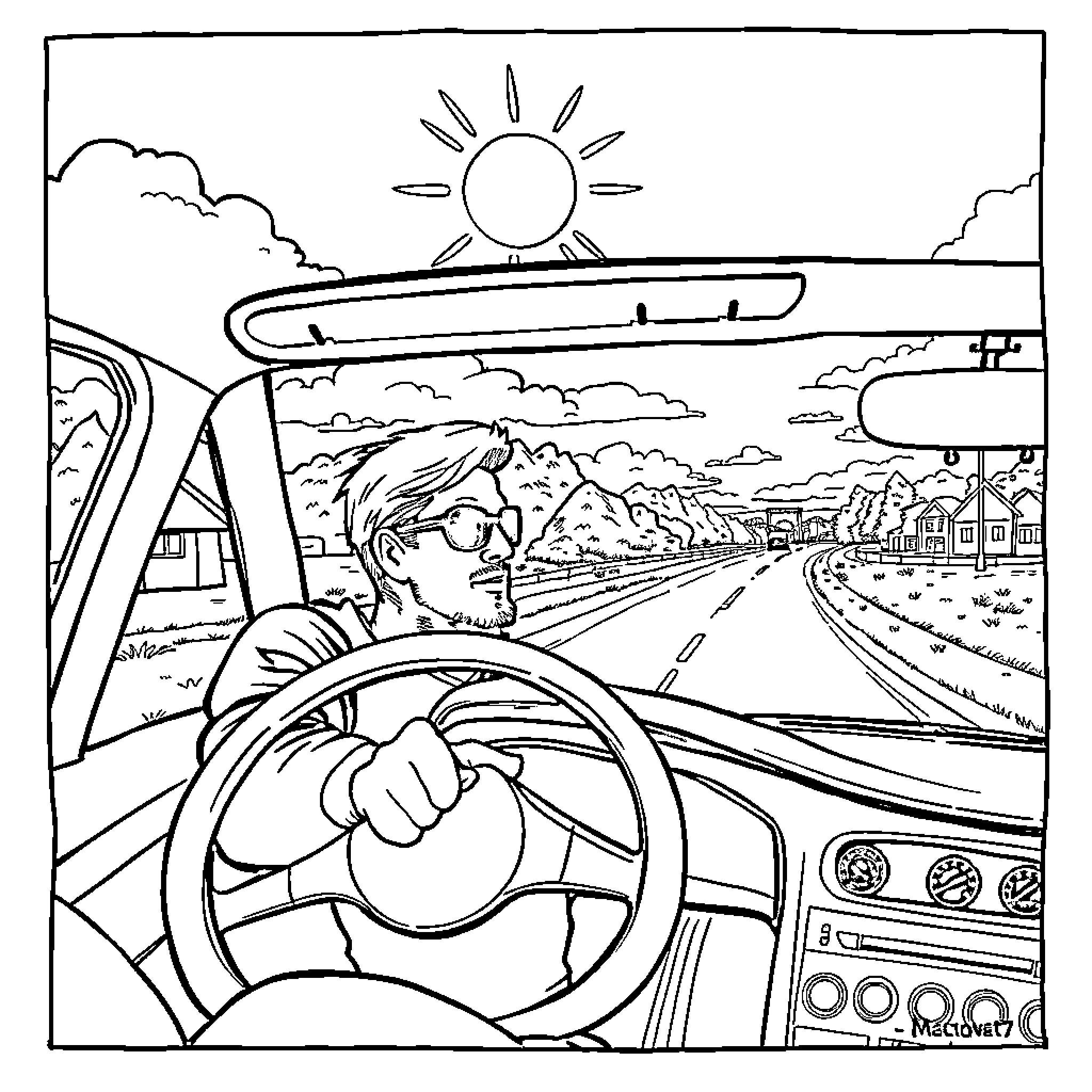 Joe Elliott driving a car on a scenic country road Coloring Page (free black-and-white line drawing printable PDF for all, from beginners to advanced learners, including children, teens, adults, and seniors)