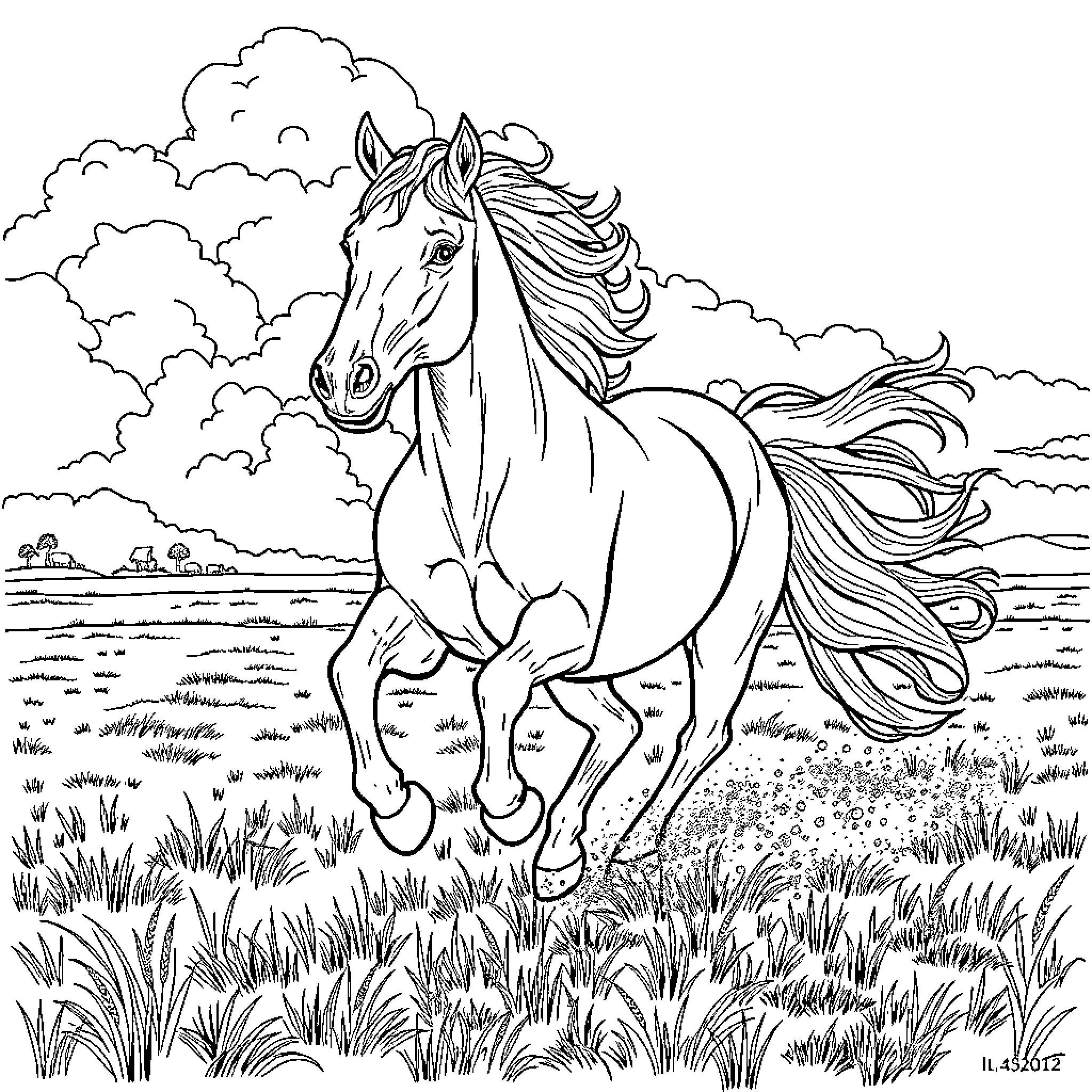 Horse galloping through scenic countryside Coloring Page (free black-and-white line drawing printable PDF for all, from beginners to advanced learners, including children, teens, adults, and seniors)