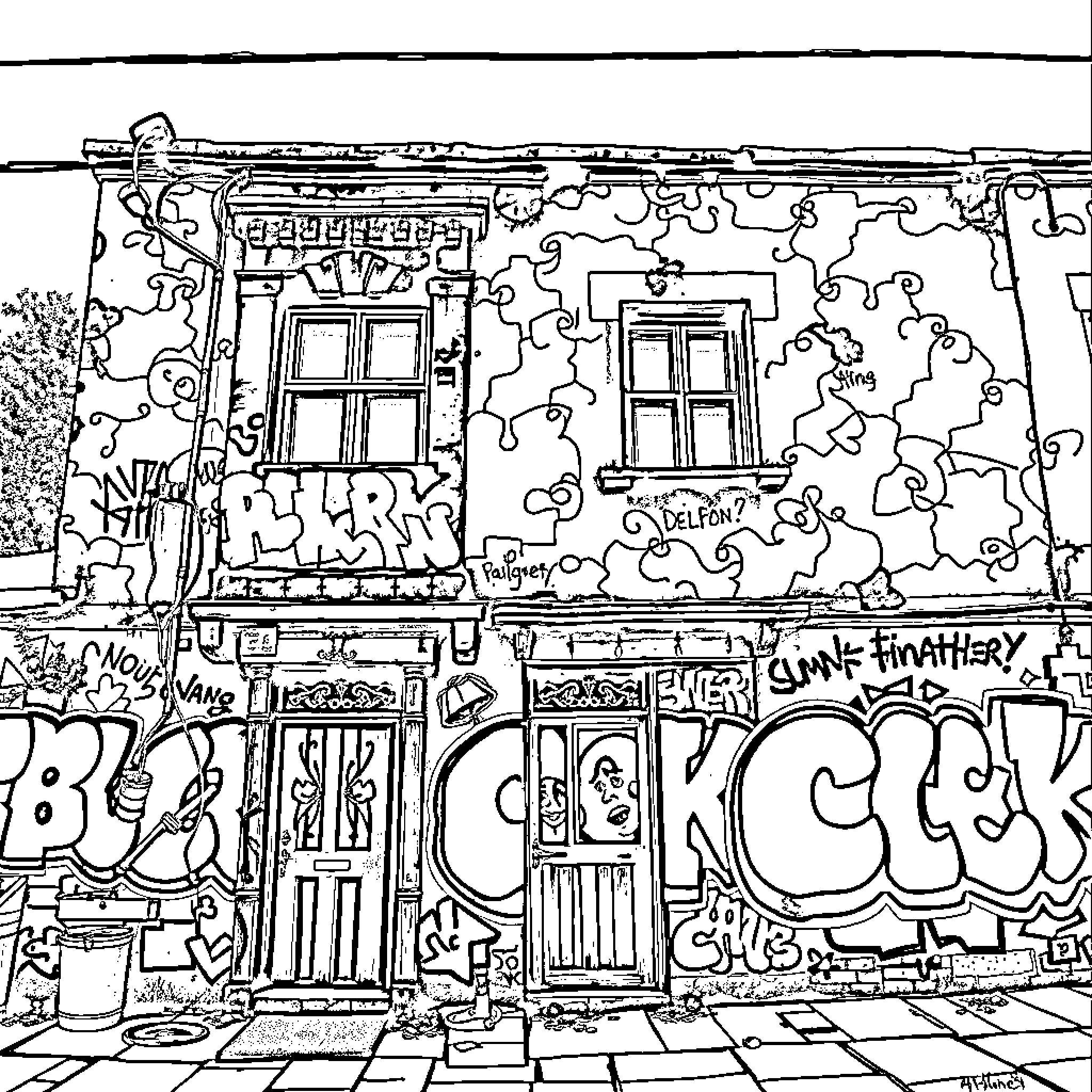 Graffiti adorning an urban building facade Coloring Page (free black-and-white line drawing printable PDF for all, from beginners to advanced learners, including children, teens, adults, and seniors)