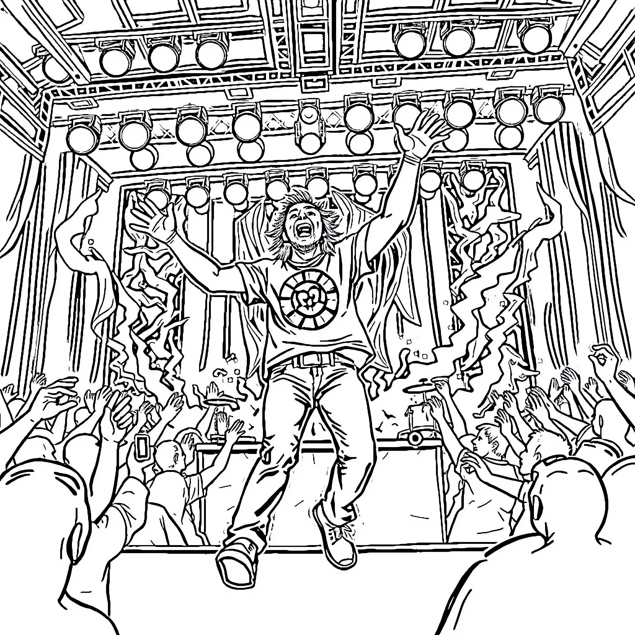 Pac-Man performing on stage with crowd Coloring Page (free black-and-white line drawing printable PDF for all, from beginners to advanced learners, including children, teens, adults, and seniors)