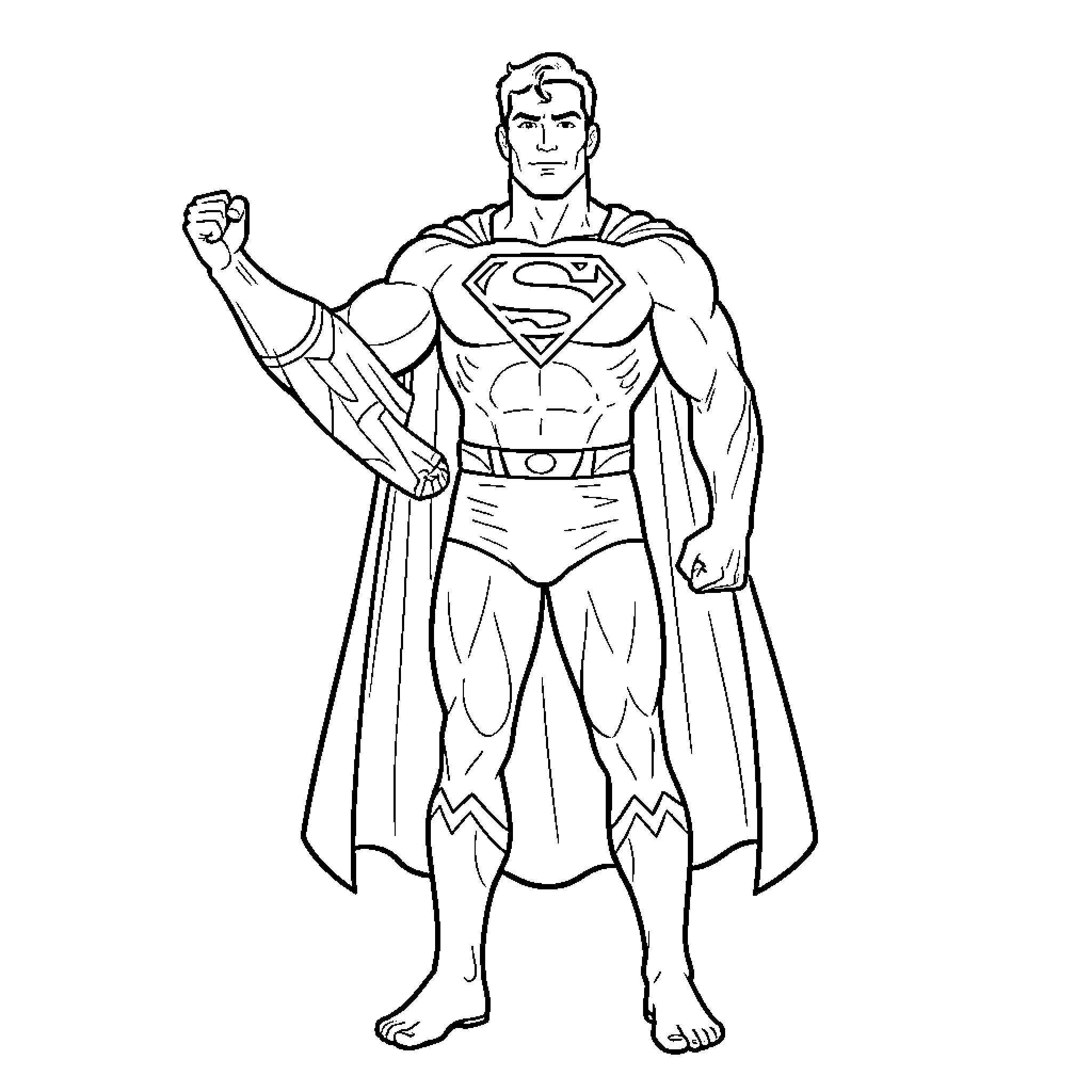 Superman standing heroically in his iconic costume Coloring Page (free black-and-white line drawing printable PDF for all, from beginners to advanced learners, including children, teens, adults, and seniors)