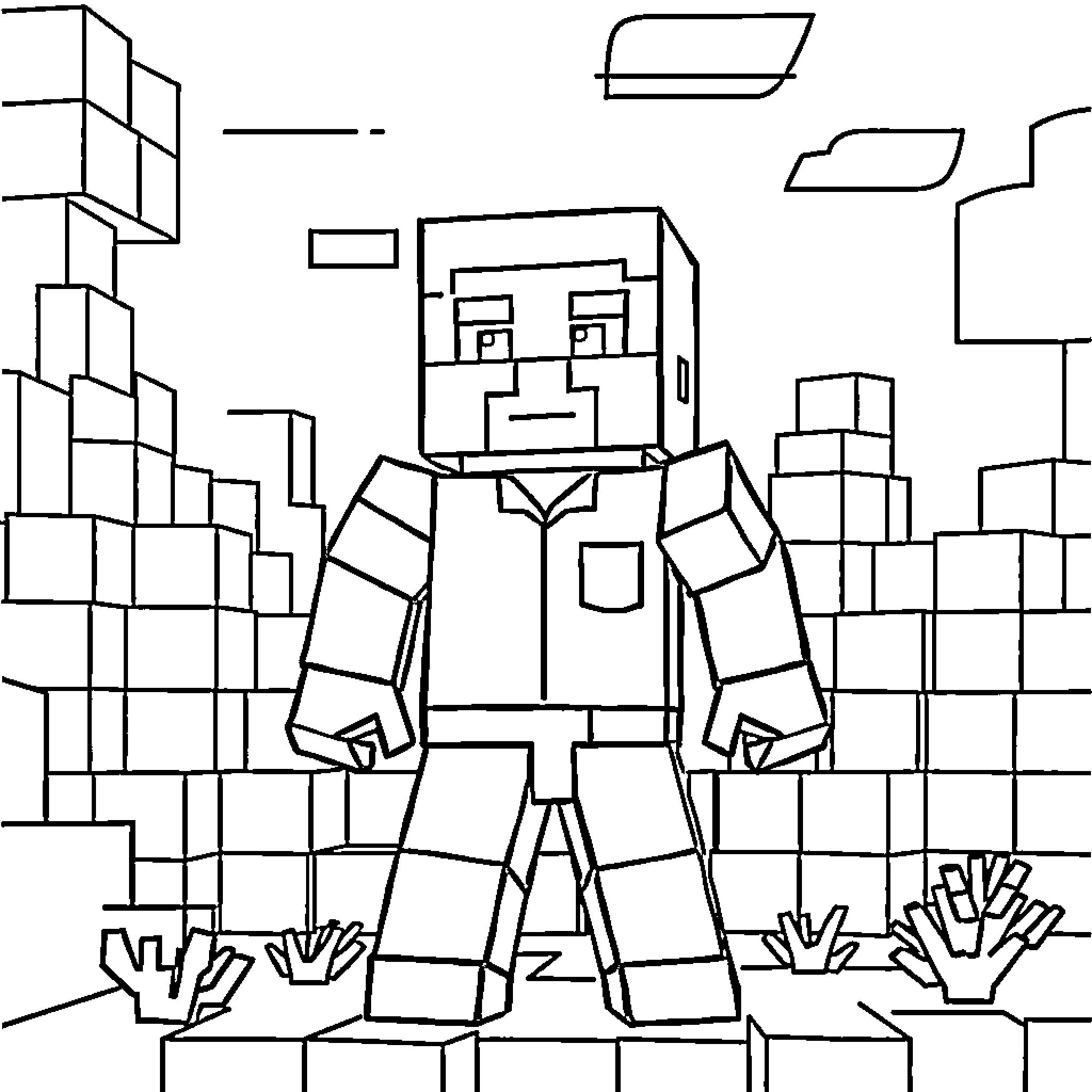 Steve's Geometric Adventure in the Blocky Wilderness Coloring Page (free black-and-white line drawing printable PDF for all, from beginners to advanced learners, including children, teens, adults, and seniors)