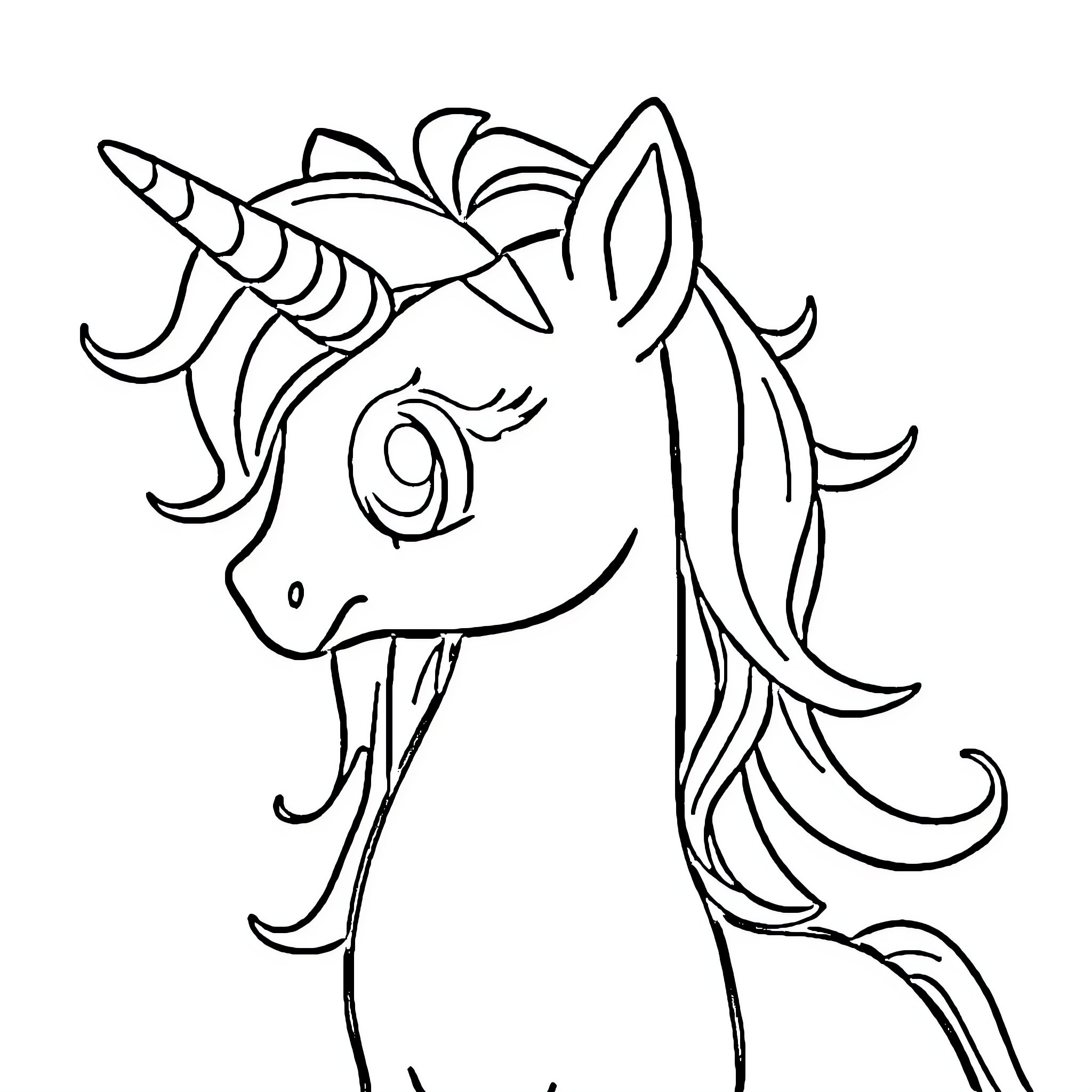 Unicorn with whimsical features and flowing mane Coloring Page (free black-and-white line drawing printable PDF for all, from beginners to advanced learners, including children, teens, adults, and seniors)