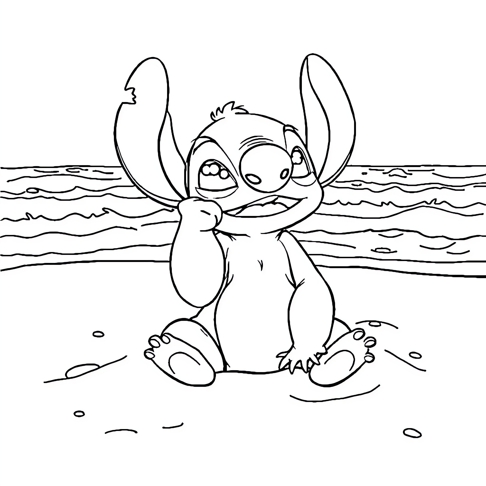 Stitch playing joyfully on the beach Coloring Page (free black-and-white line drawing printable PDF for all, from beginners to advanced learners, including children, teens, adults, and seniors)