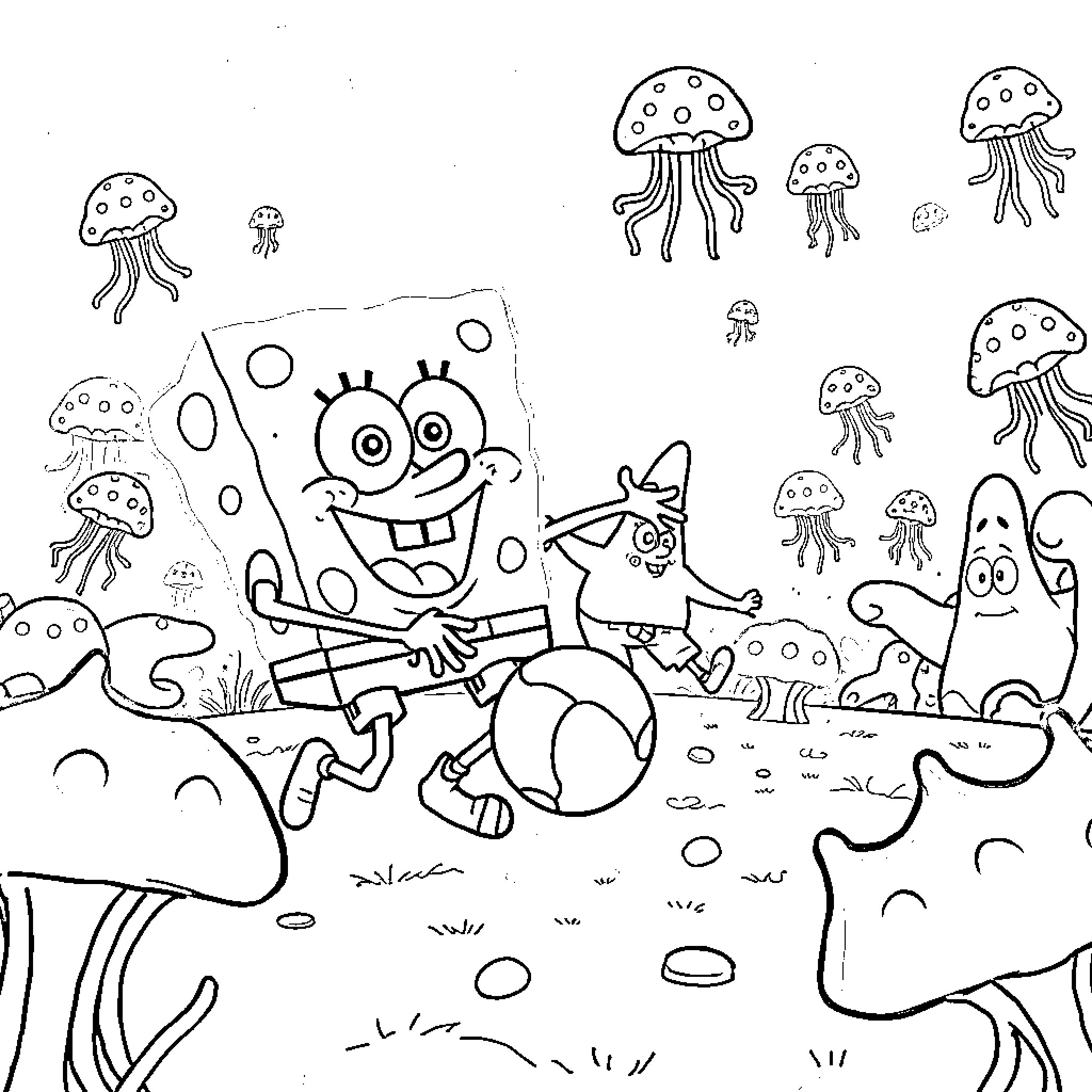 Spongebob and friends enjoying a fun underwater adventure Coloring Page (free black-and-white line drawing printable PDF for all, from beginners to advanced learners, including children, teens, adults, and seniors)