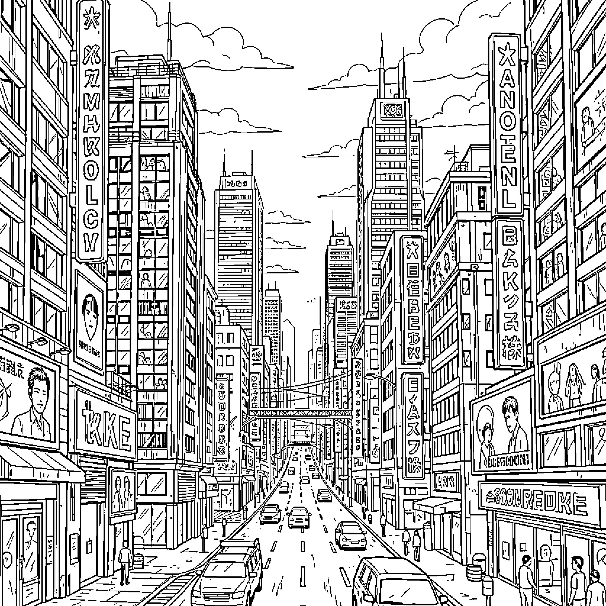 City Skyline with Bustling Streets and Buildings Coloring Page (free black-and-white line drawing printable PDF for all, from beginners to advanced learners, including children, teens, adults, and seniors)