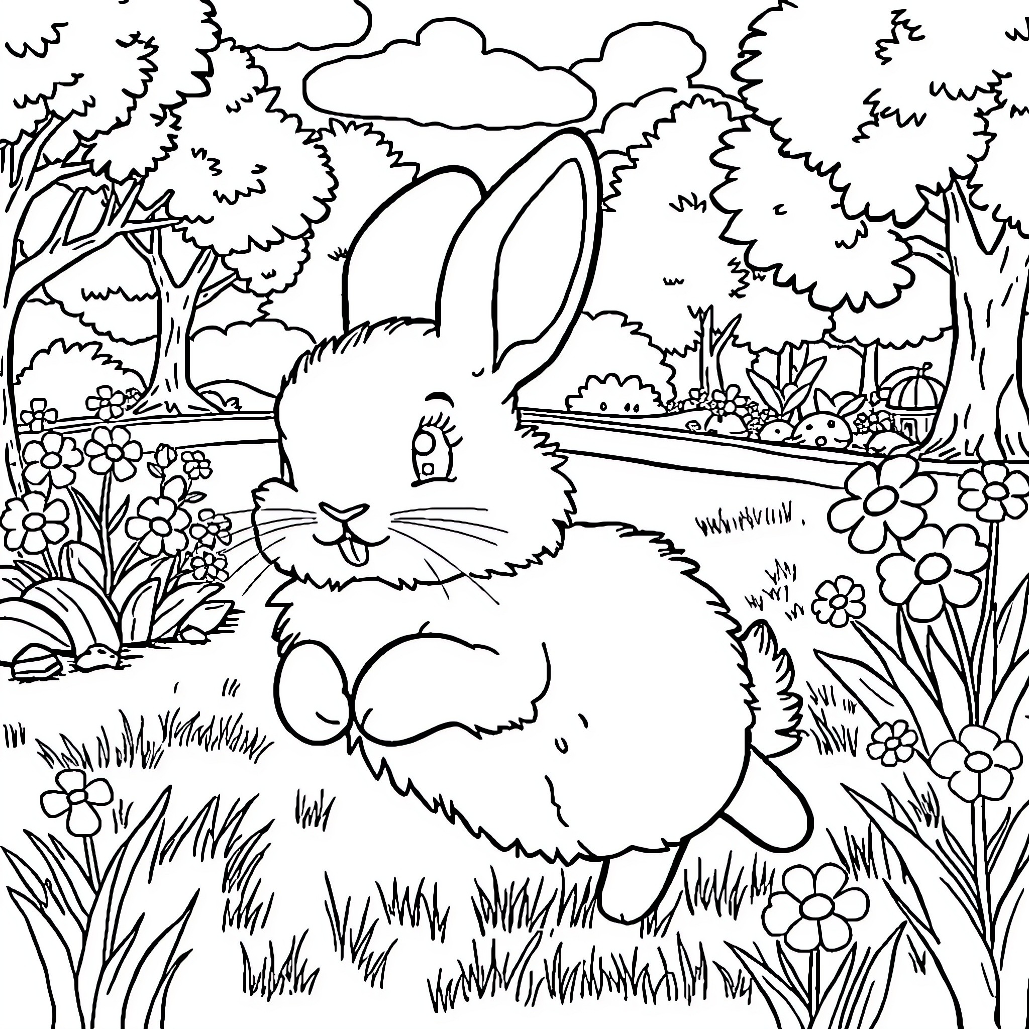 Rabbit enjoying the tranquil garden scenery Coloring Page (free black-and-white line drawing printable PDF for all, from beginners to advanced learners, including children, teens, adults, and seniors)