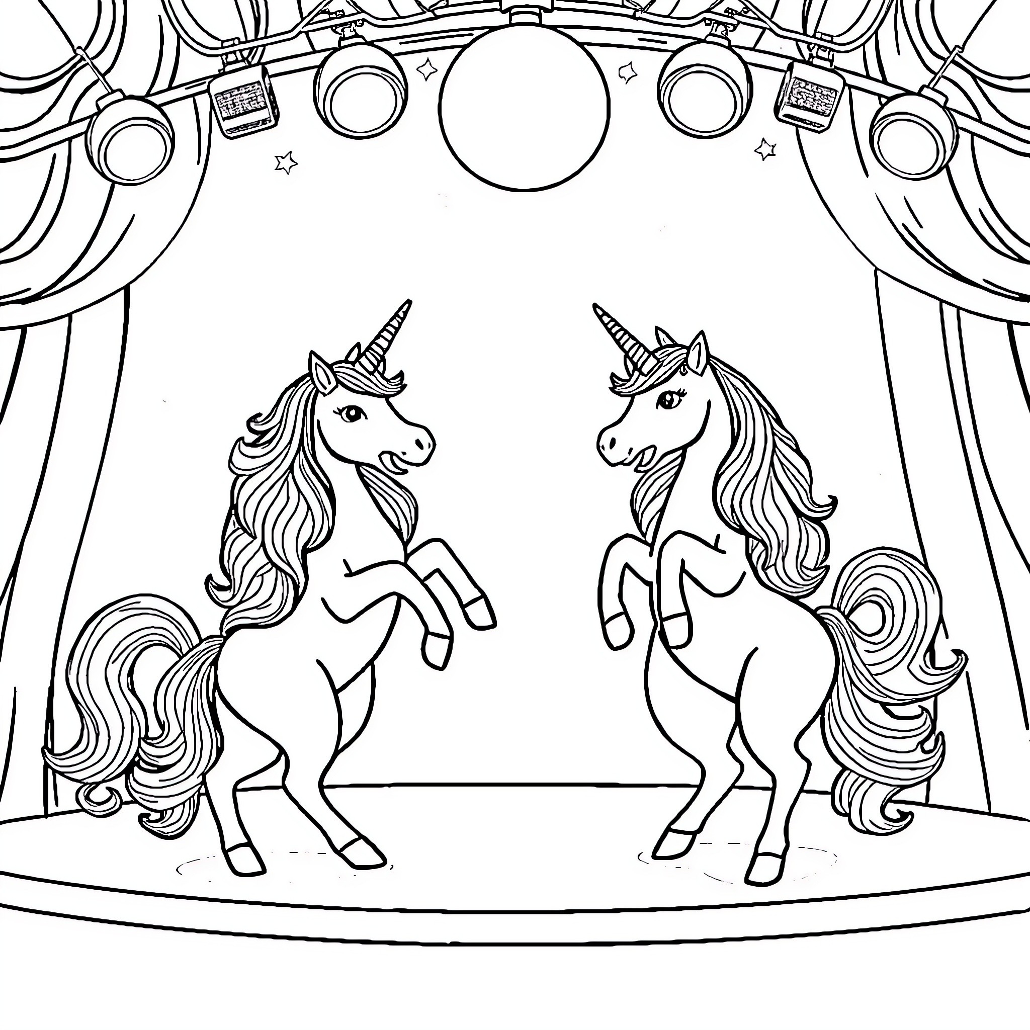 Unicorn performers on stage Coloring Page (free black-and-white line drawing printable PDF for all, from beginners to advanced learners, including children, teens, adults, and seniors)