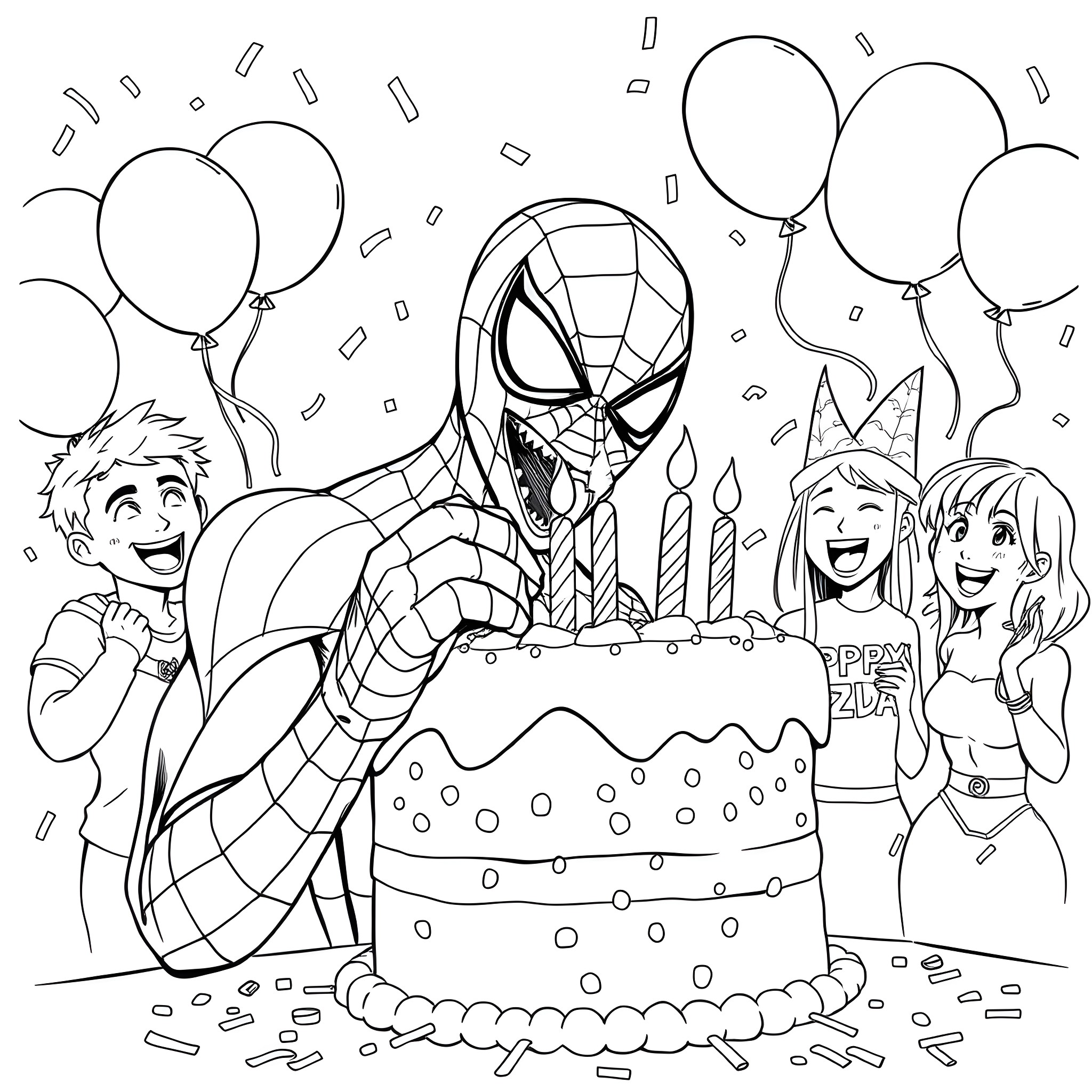 Spider-Man celebrates a birthday party with friends Coloring Page (free black-and-white line drawing printable PDF for all, from beginners to advanced learners, including children, teens, adults, and seniors)