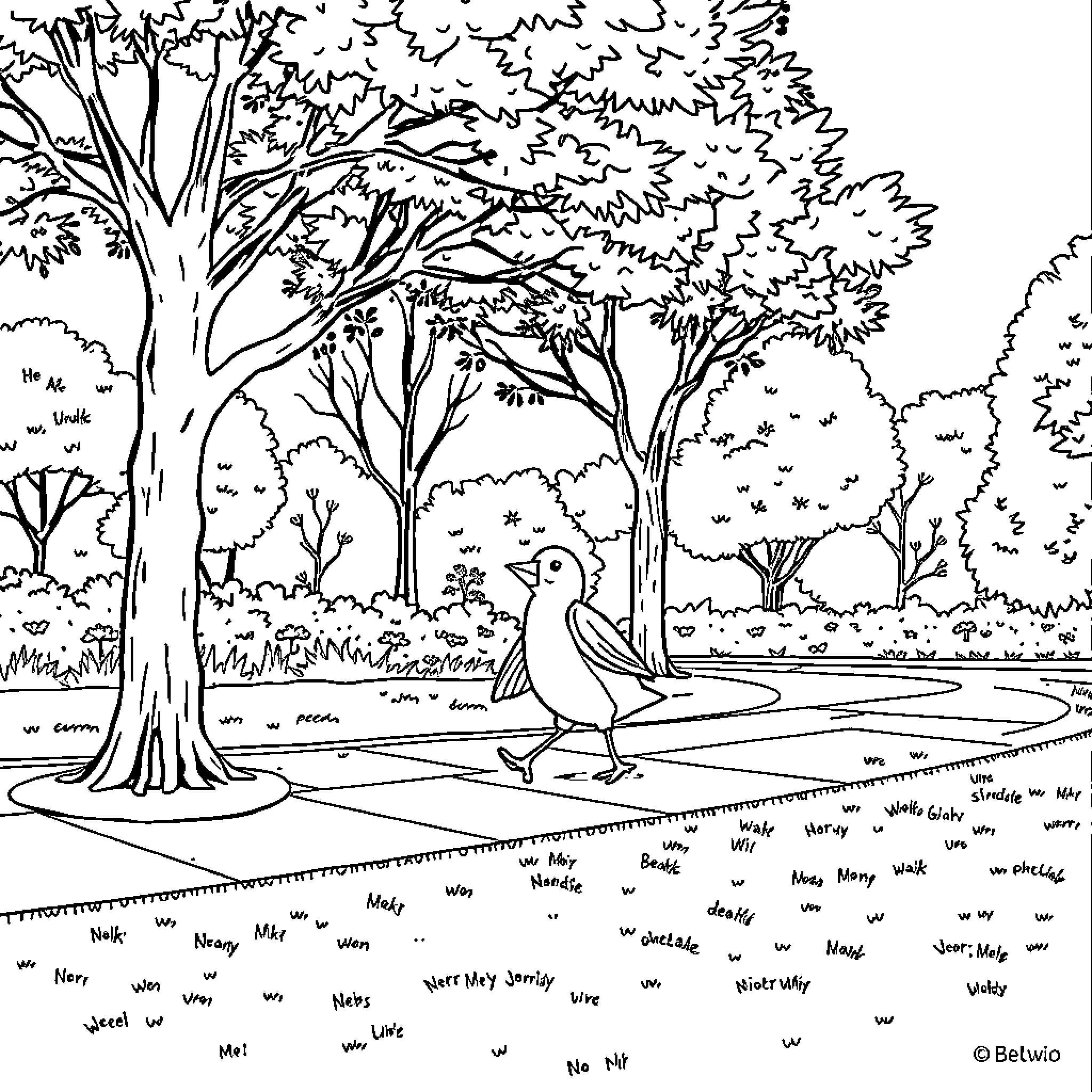 Sloth Wandering Through a Peaceful Forest Coloring Page (free black-and-white line drawing printable PDF for all, from beginners to advanced learners, including children, teens, adults, and seniors)