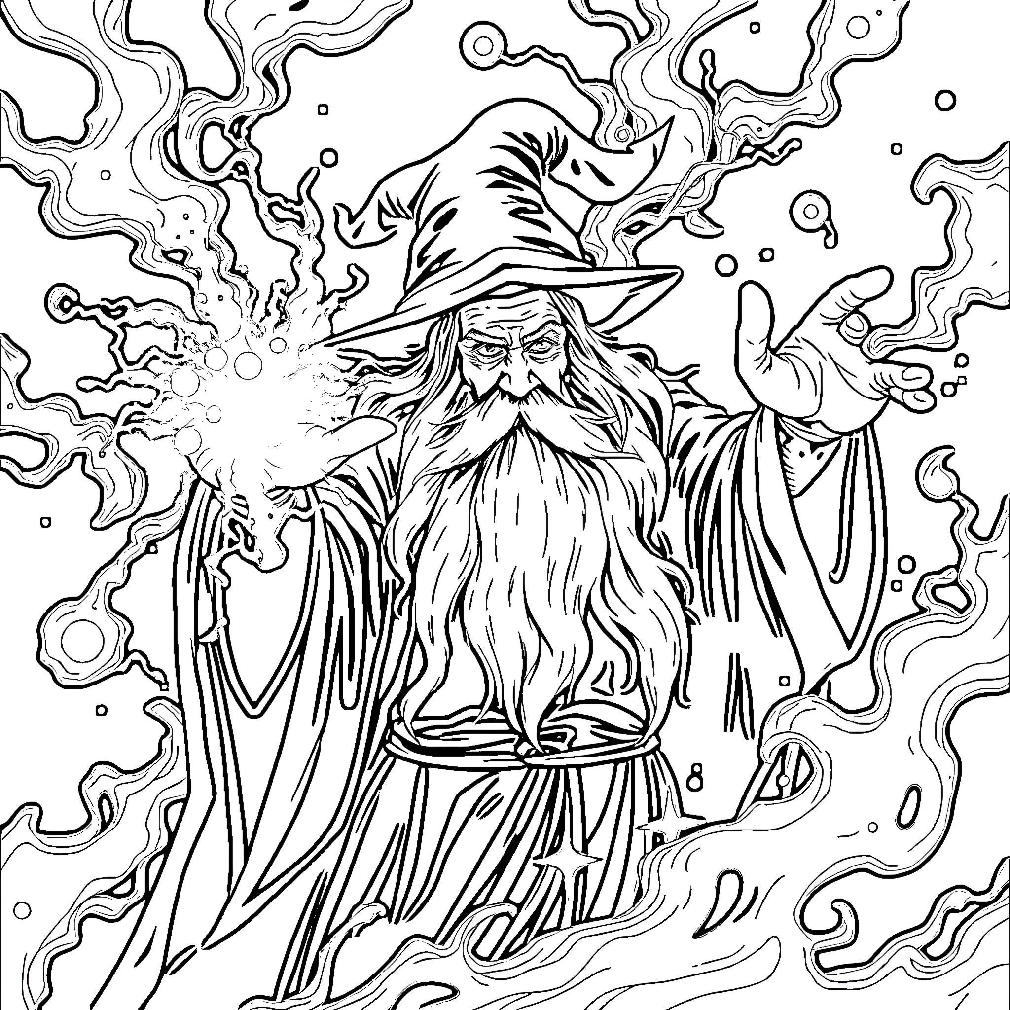 Wizard casting a powerful spell Coloring Page (free black-and-white line drawing printable PDF for all, from beginners to advanced learners, including children, teens, adults, and seniors)