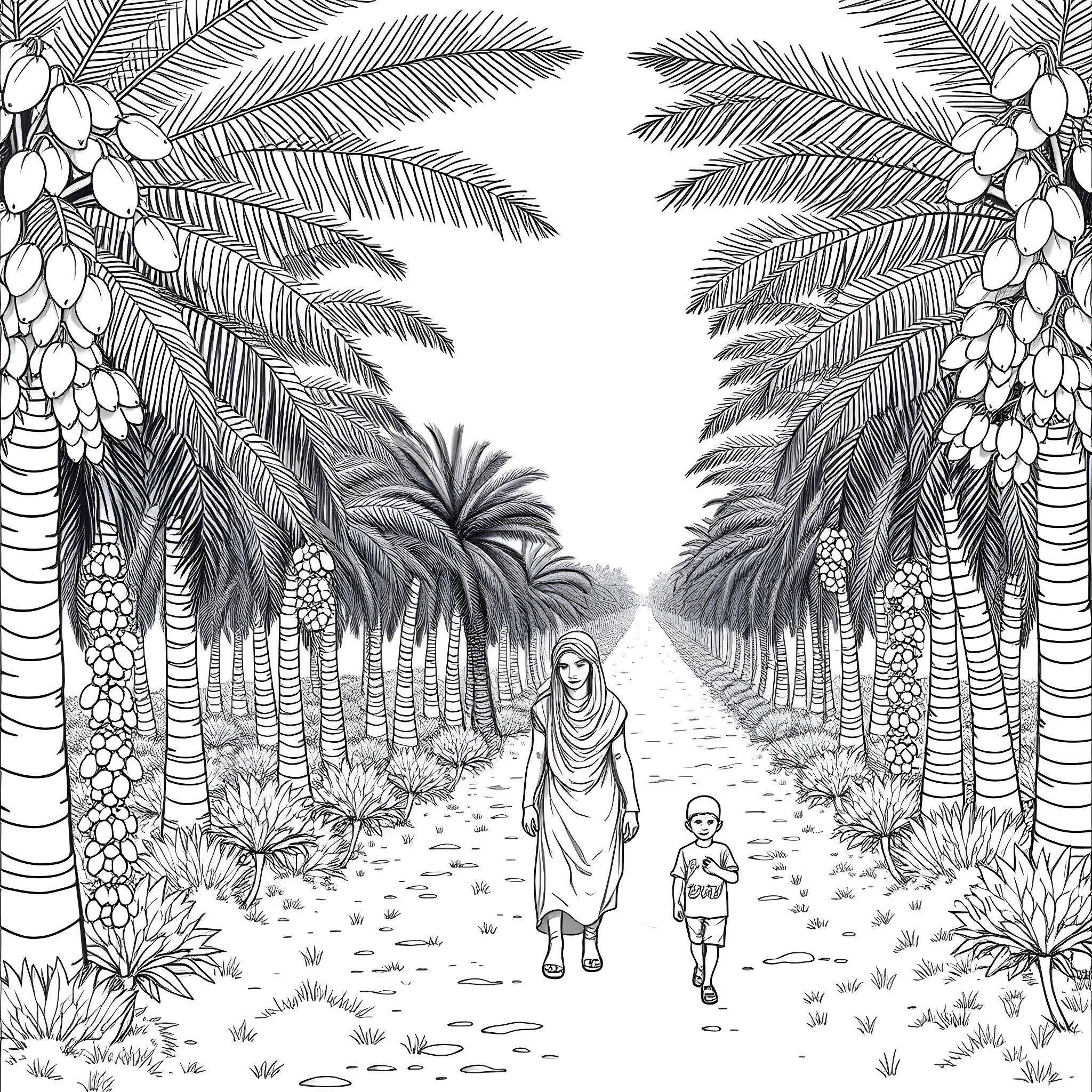 Boy walking with child on a palm tree-lined path Coloring Page (free black-and-white line drawing printable PDF for all, from beginners to advanced learners, including children, teens, adults, and seniors)