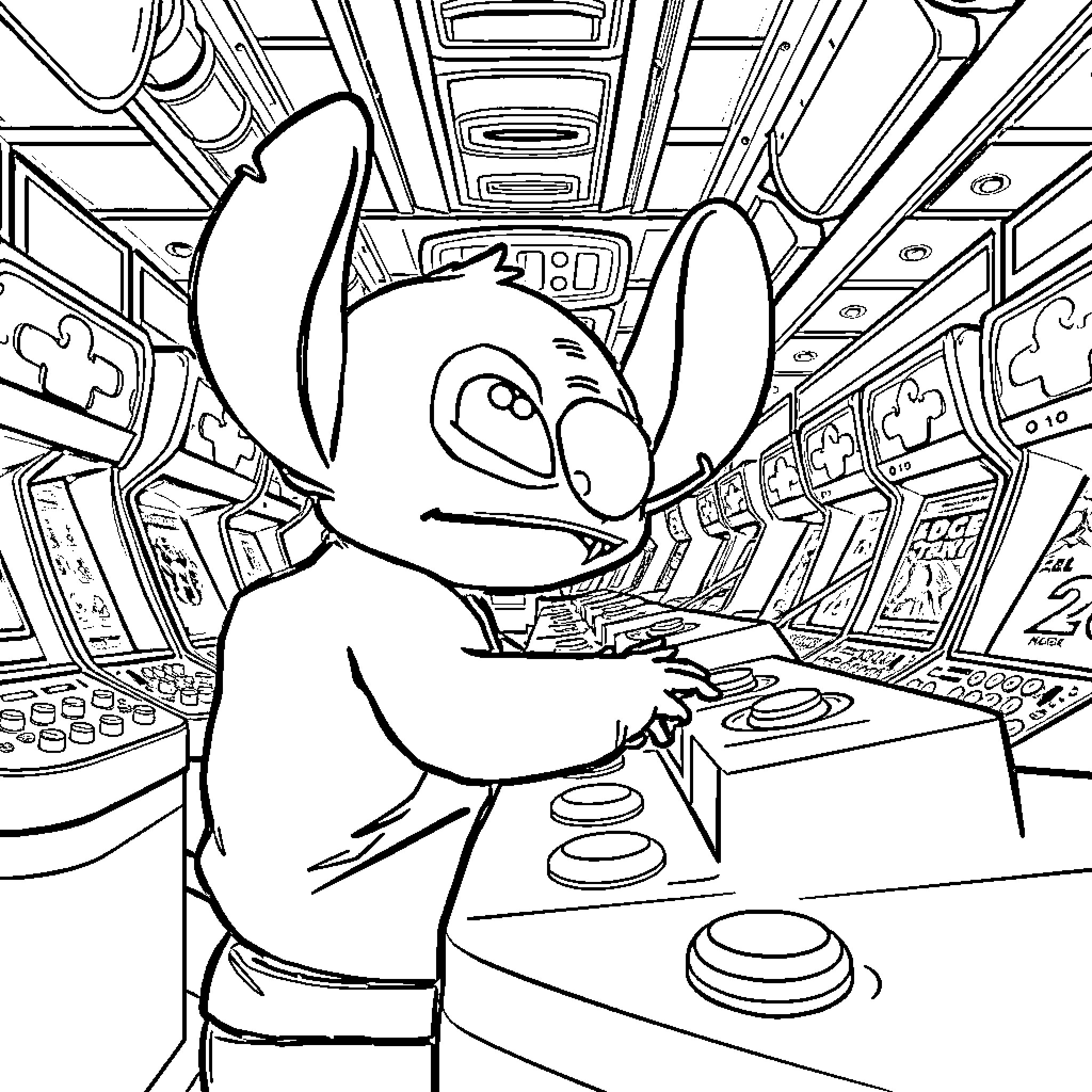 Stitch exploring a futuristic control room Coloring Page (free black-and-white line drawing printable PDF for all, from beginners to advanced learners, including children, teens, adults, and seniors)