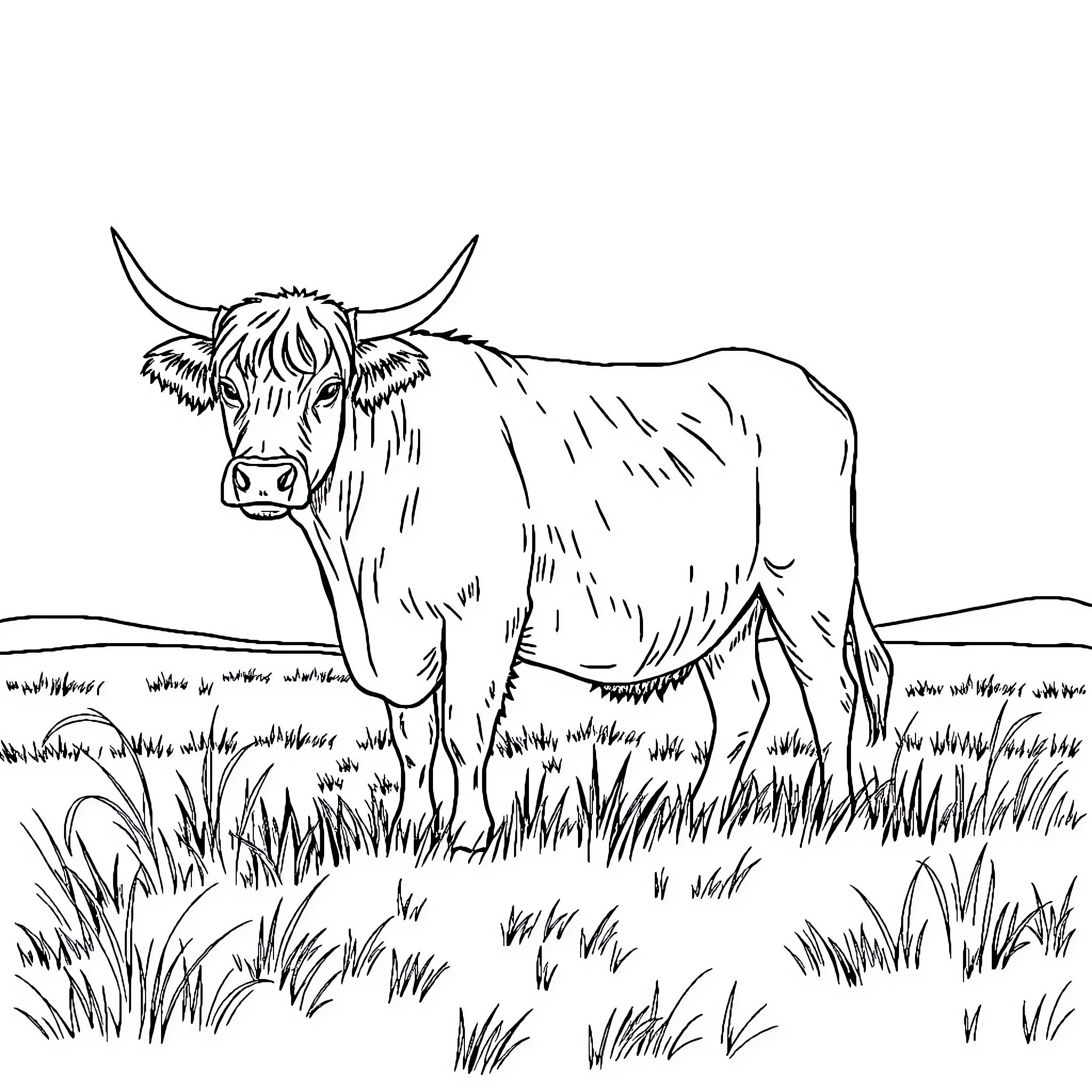 Highland Cow standing in the grass field Coloring Page (free black-and-white line drawing printable PDF for all, from beginners to advanced learners, including children, teens, adults, and seniors)