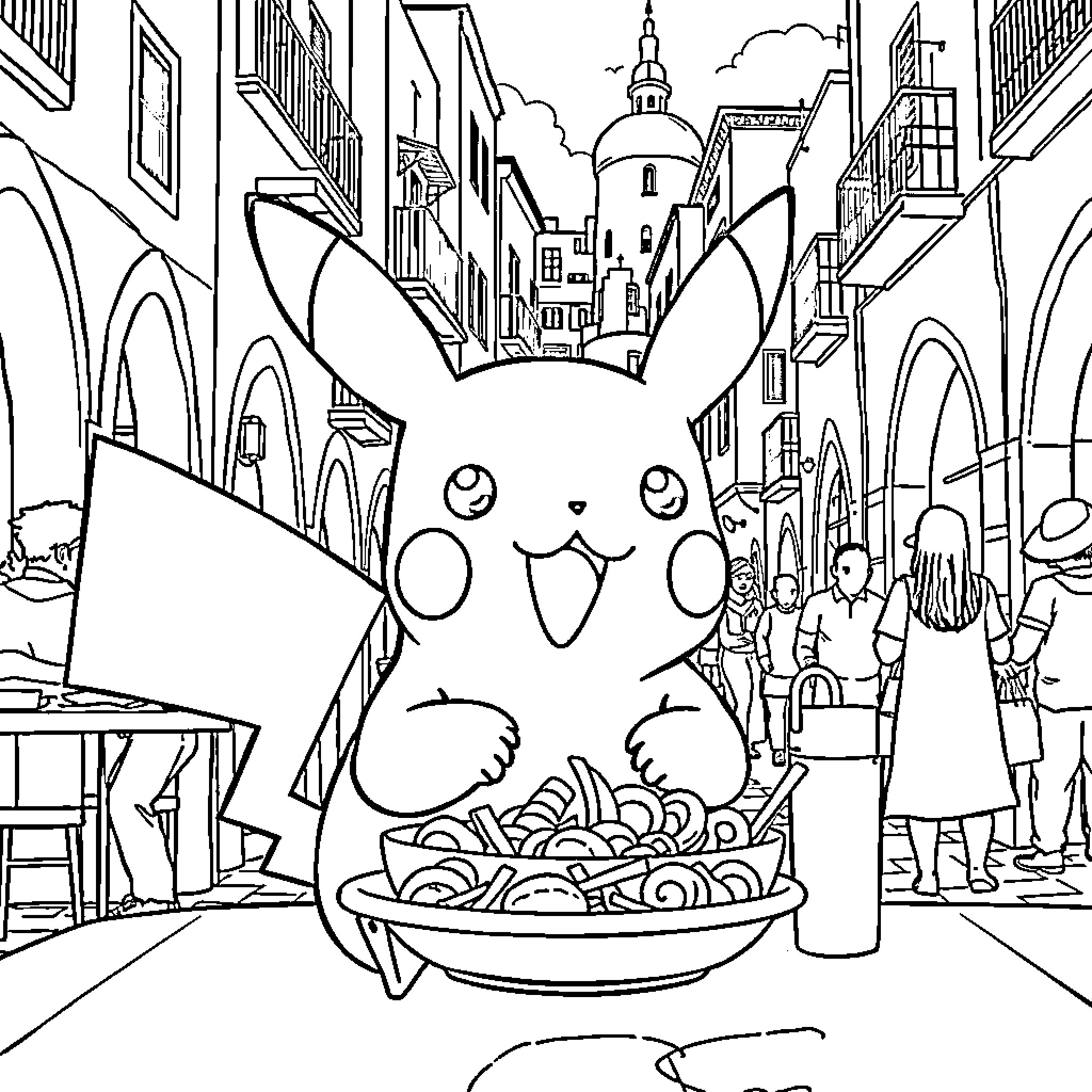Pikachu exploring a bustling city market Coloring Page (free black-and-white line drawing printable PDF for all, from beginners to advanced learners, including children, teens, adults, and seniors)