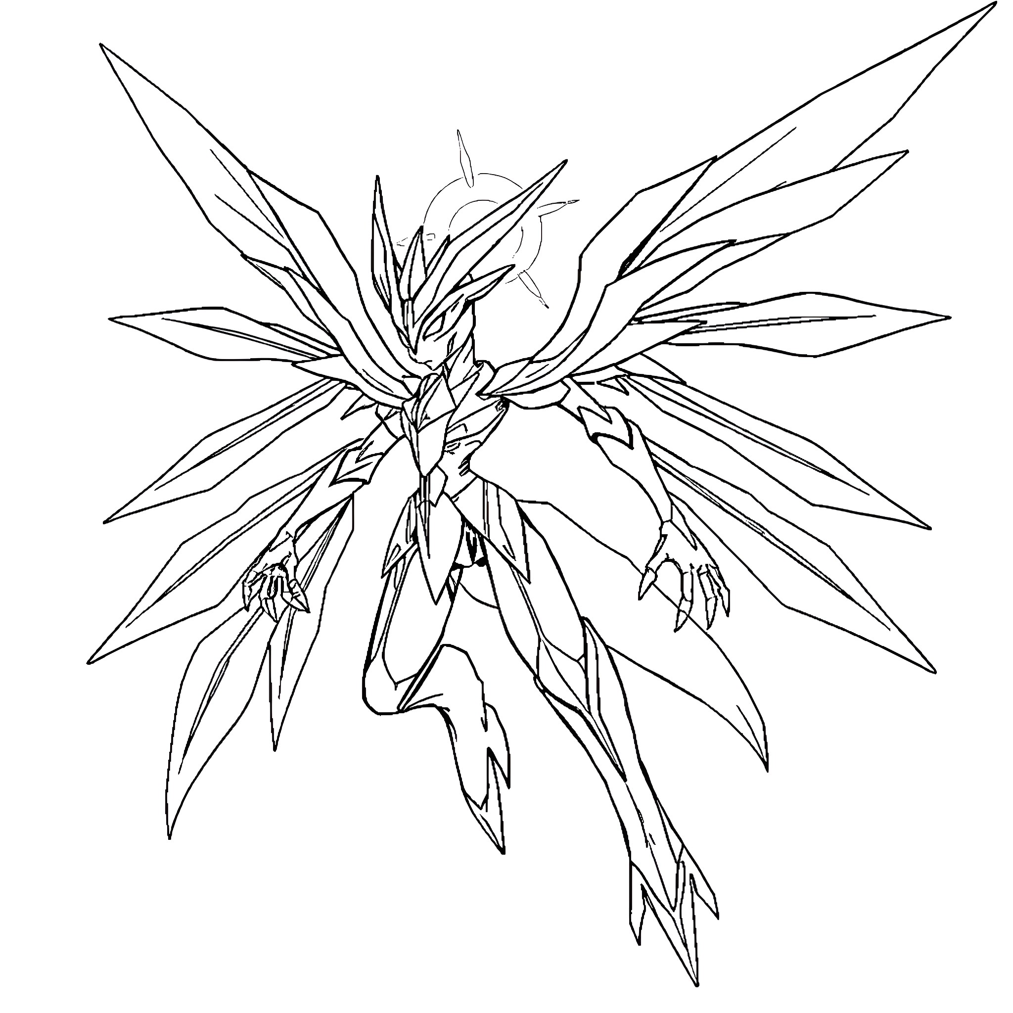 Angewomon in a dynamic battle pose Coloring Page (free black-and-white line drawing printable PDF for all, from beginners to advanced learners, including children, teens, adults, and seniors)