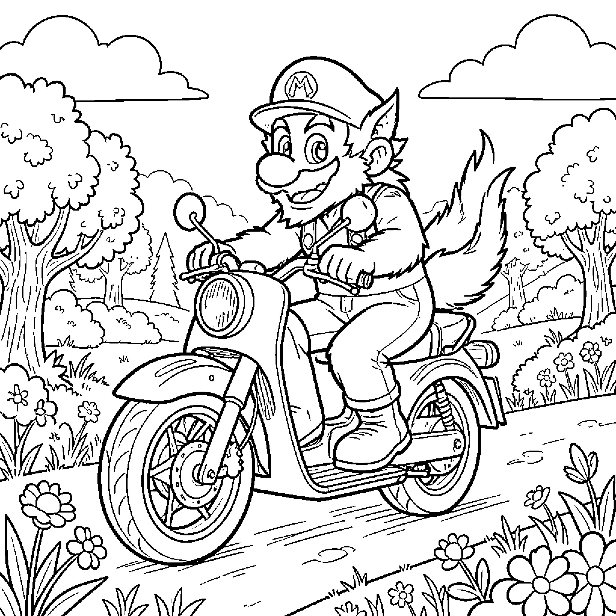 Werewolf riding a motorcycle through the forest Coloring Page (free black-and-white line drawing printable PDF for all, from beginners to advanced learners, including children, teens, adults, and seniors)