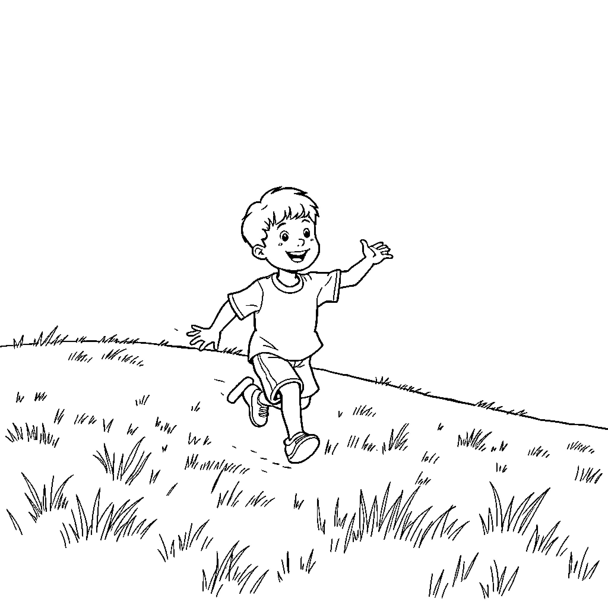Boy Running Happily Through Grassy Field Coloring Page (free black-and-white line drawing printable PDF for all, from beginners to advanced learners, including children, teens, adults, and seniors)