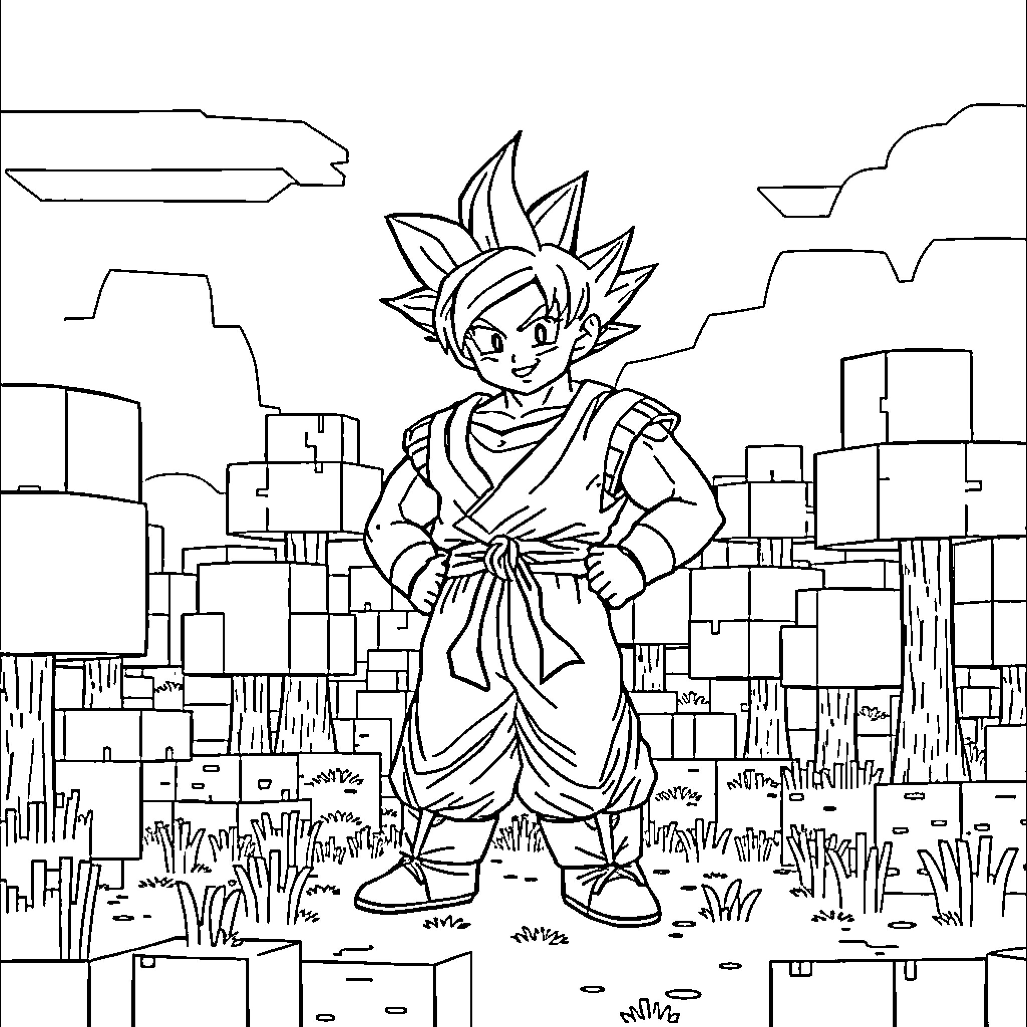 Son Goku battles in the city landscape Coloring Page (free black-and-white line drawing printable PDF for all, from beginners to advanced learners, including children, teens, adults, and seniors)