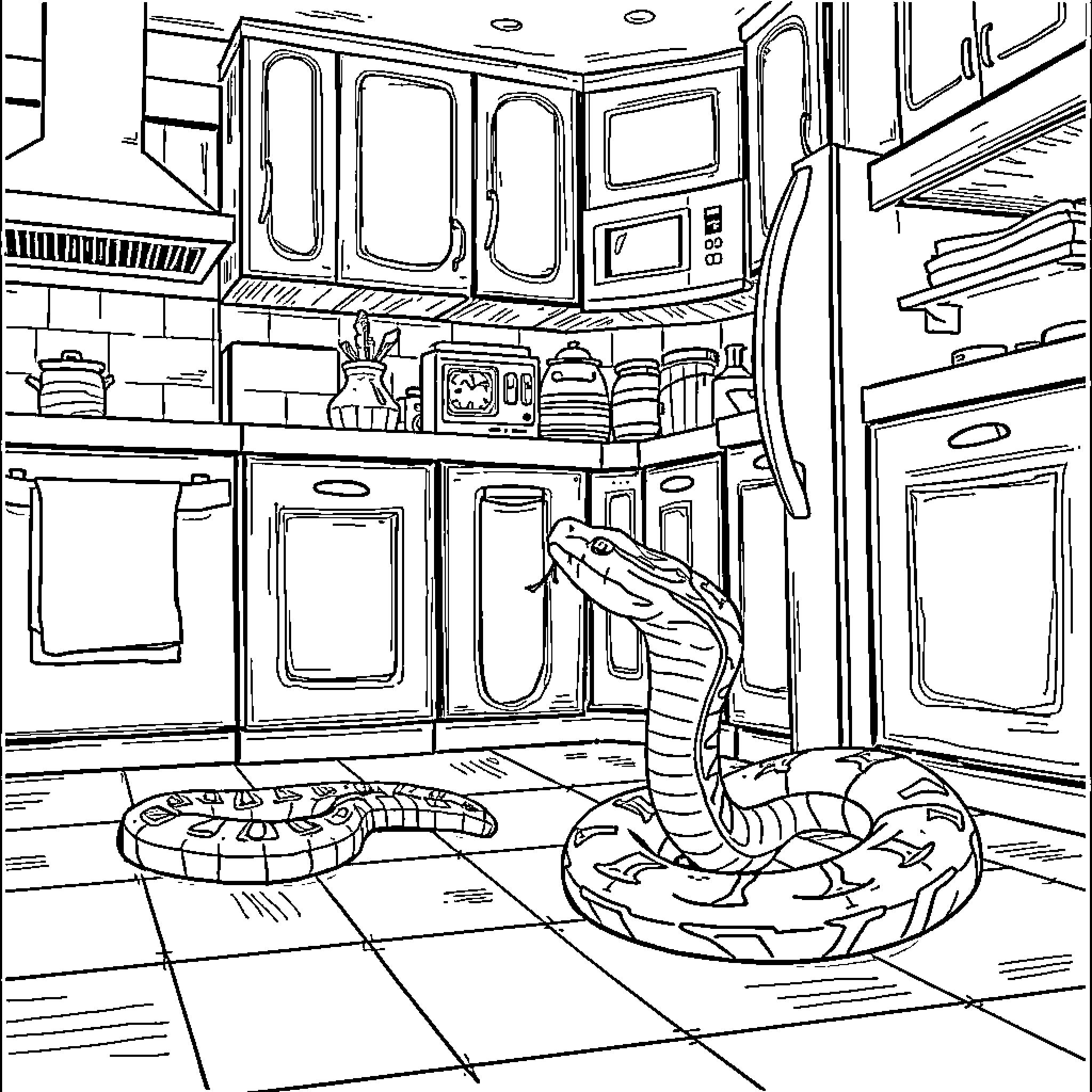 Snake slithering through the kitchen Coloring Page (free black-and-white line drawing printable PDF for all, from beginners to advanced learners, including children, teens, adults, and seniors)
