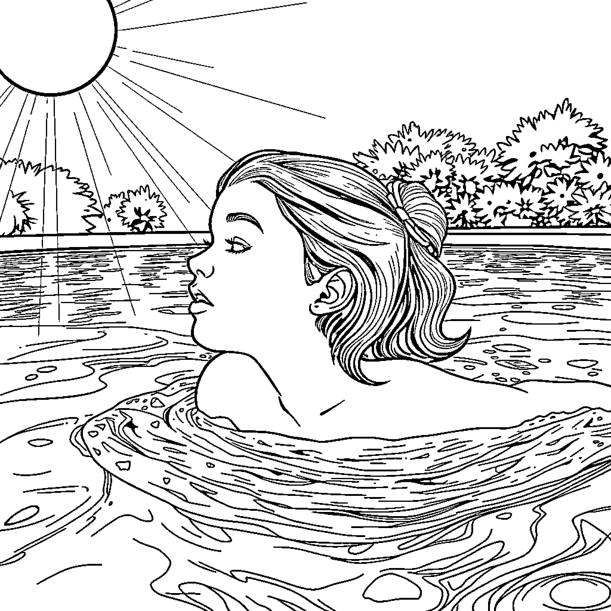 Girl swimming in the tranquil pond Coloring Page (free black-and-white line drawing printable PDF for all, from beginners to advanced learners, including children, teens, adults, and seniors)