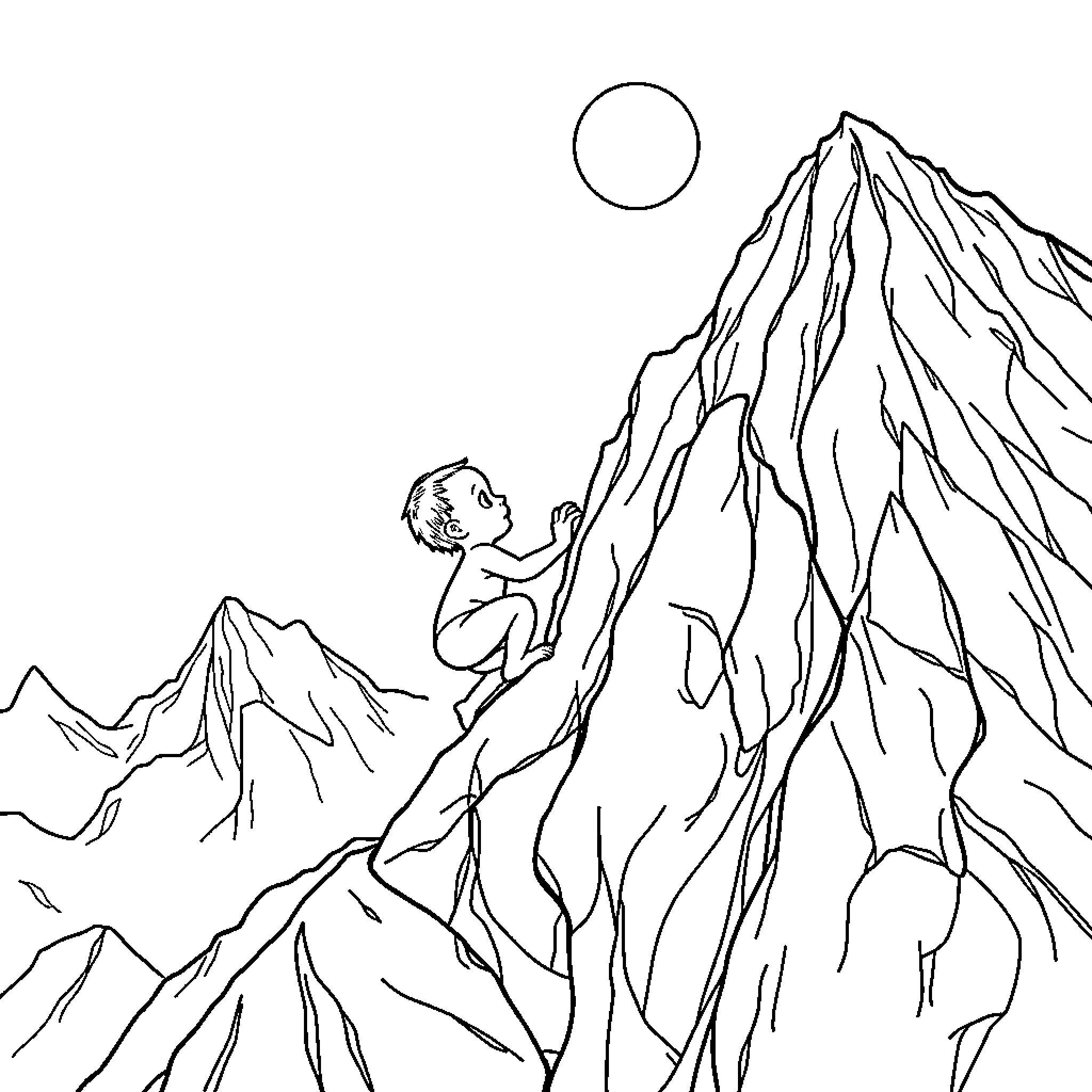Baby climbing up a rugged mountain in the moonlight Coloring Page (free black-and-white line drawing printable PDF for all, from beginners to advanced learners, including children, teens, adults, and seniors)