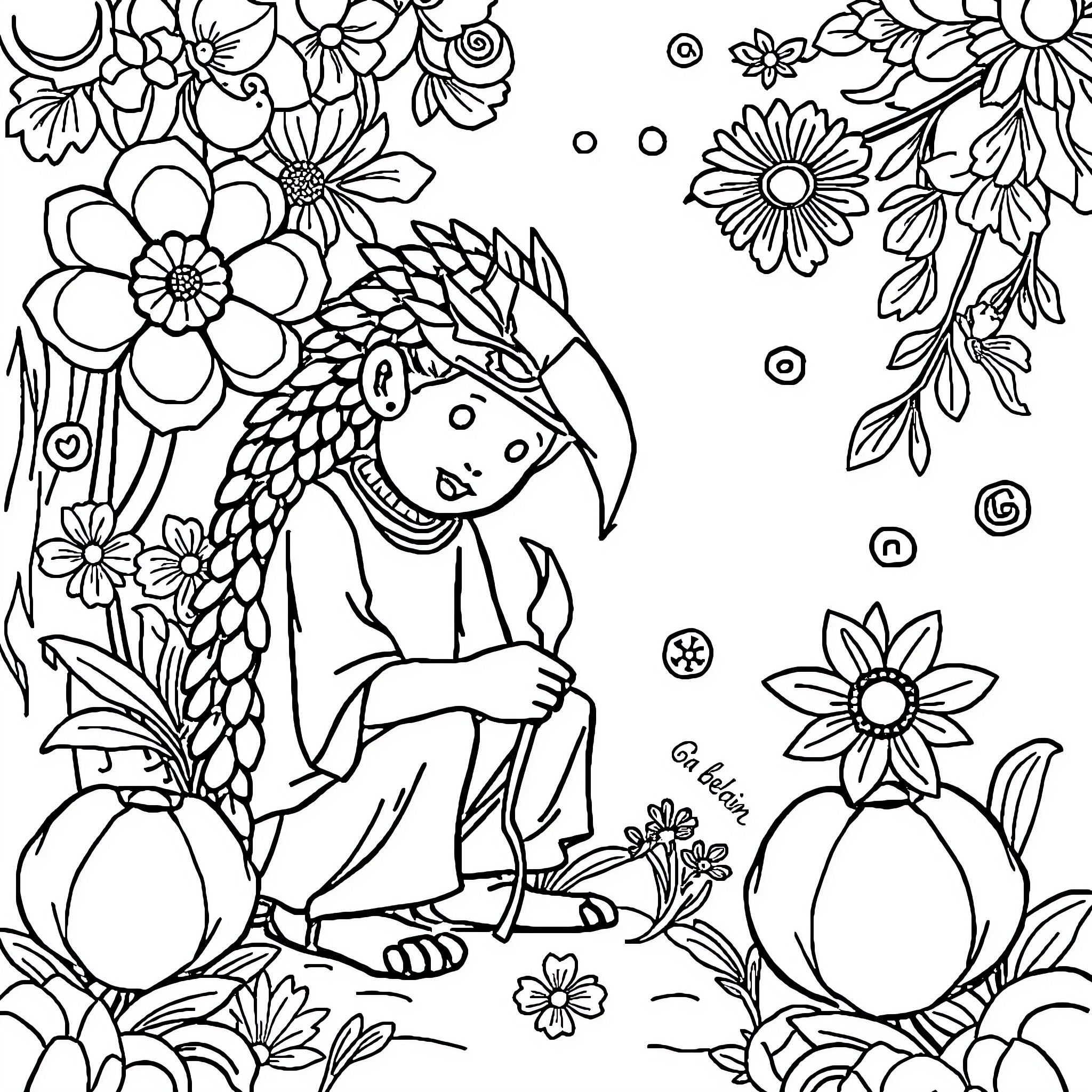 Contest Vibrant Floral Collage with Whimsical Figure Coloring Page (free black-and-white line drawing printable PDF for all, from beginners to advanced learners, including children, teens, adults, and seniors)