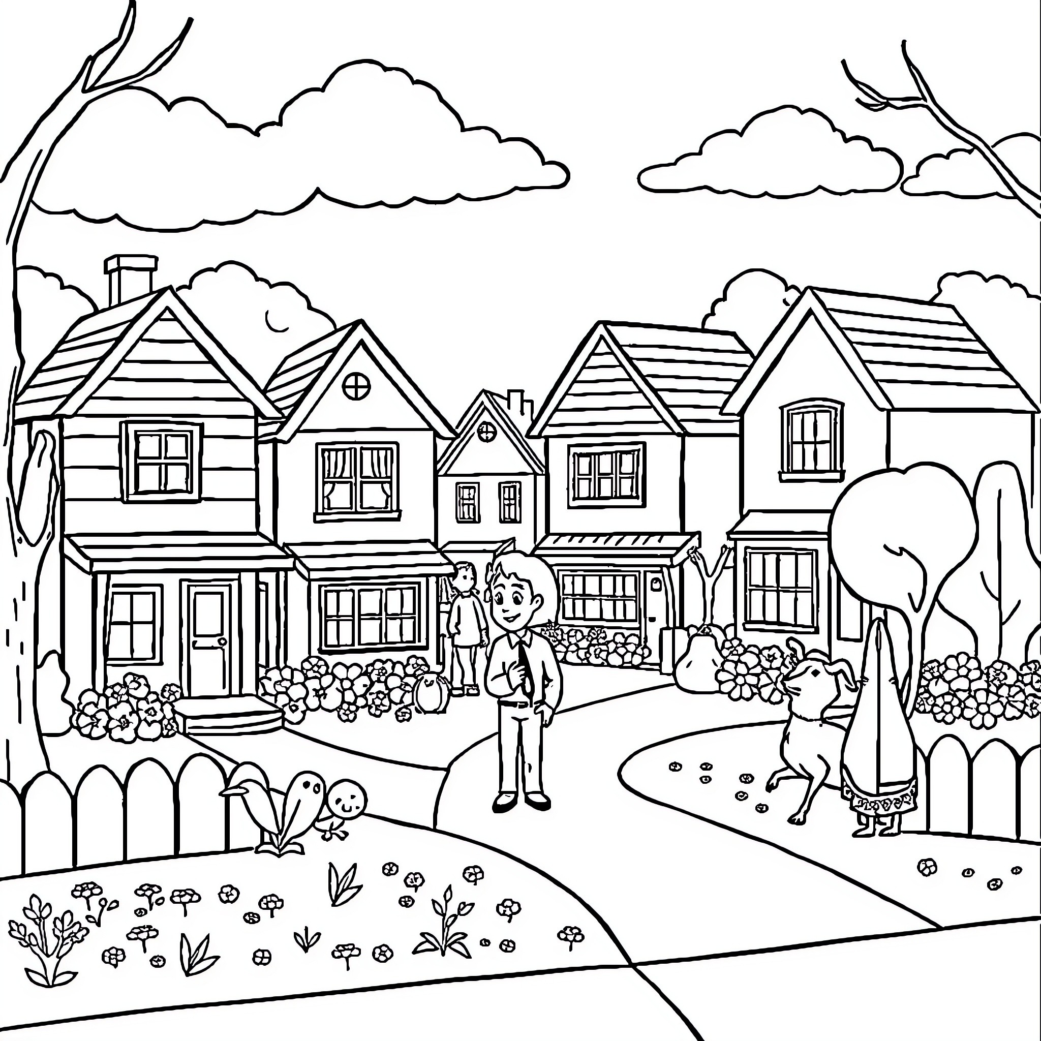 Mr. Rogers' Friendly Neighborhood Exploration Coloring Page (free black-and-white line drawing printable PDF for all, from beginners to advanced learners, including children, teens, adults, and seniors)
