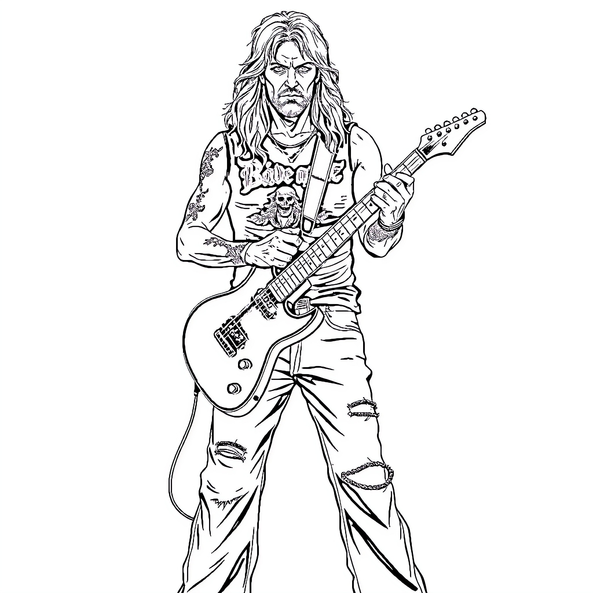 Dave Mustaine Performing with Electric Guitar Coloring Page (free black-and-white line drawing printable PDF for all, from beginners to advanced learners, including children, teens, adults, and seniors)