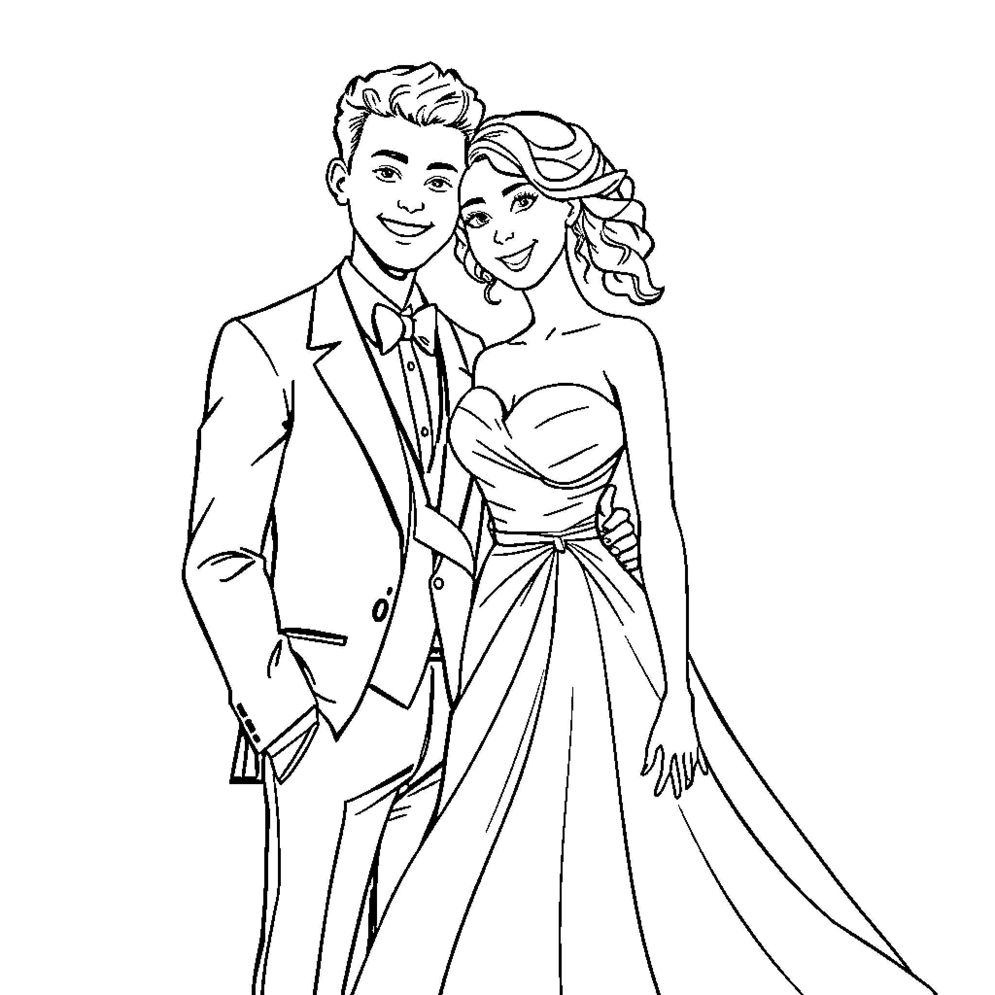 Bride and groom posing in formal attire Coloring Page (free black-and-white line drawing printable PDF for all, from beginners to advanced learners, including children, teens, adults, and seniors)