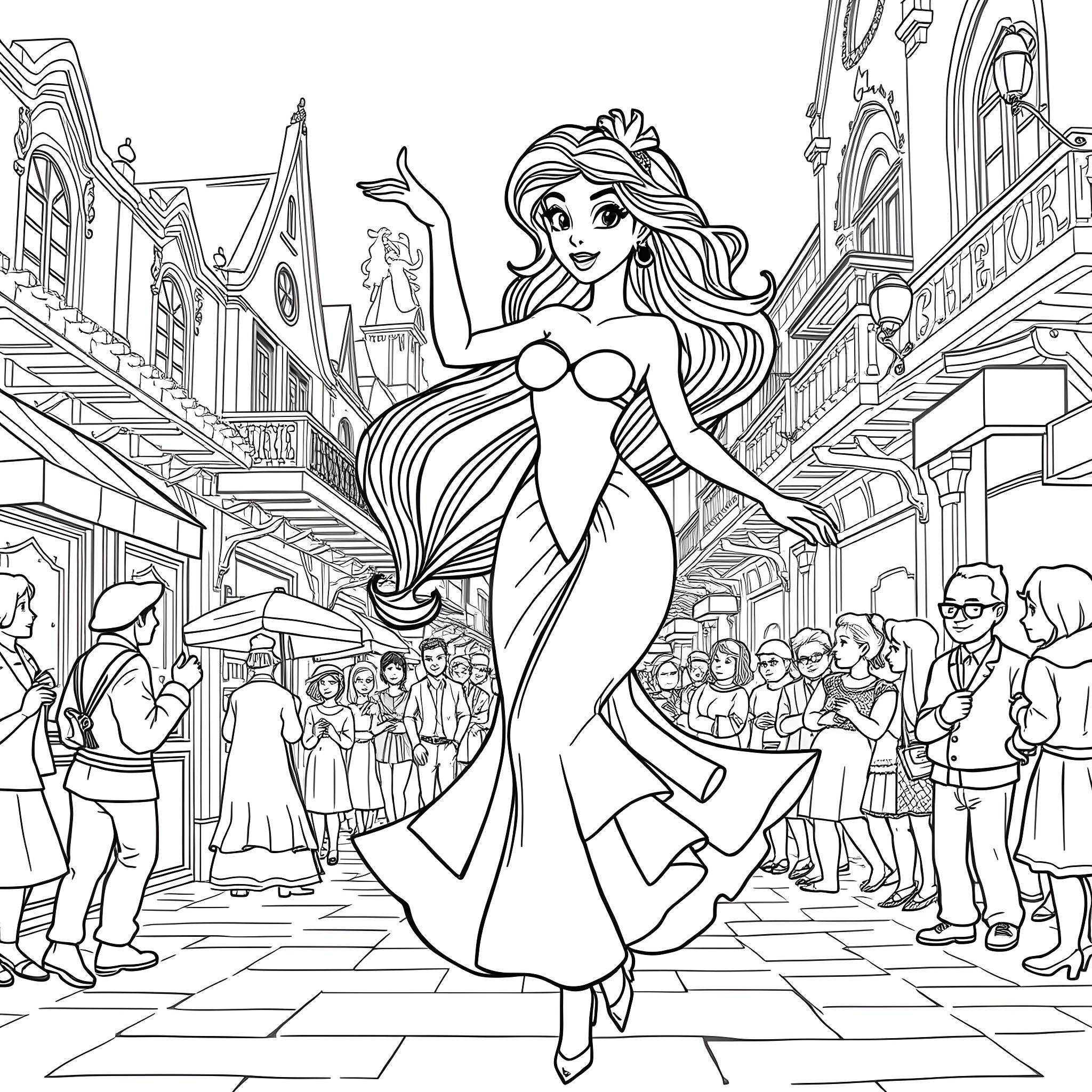 Esmeralda's Graceful Dance in the Vibrant City Coloring Page (free black-and-white line drawing printable PDF for all, from beginners to advanced learners, including children, teens, adults, and seniors)