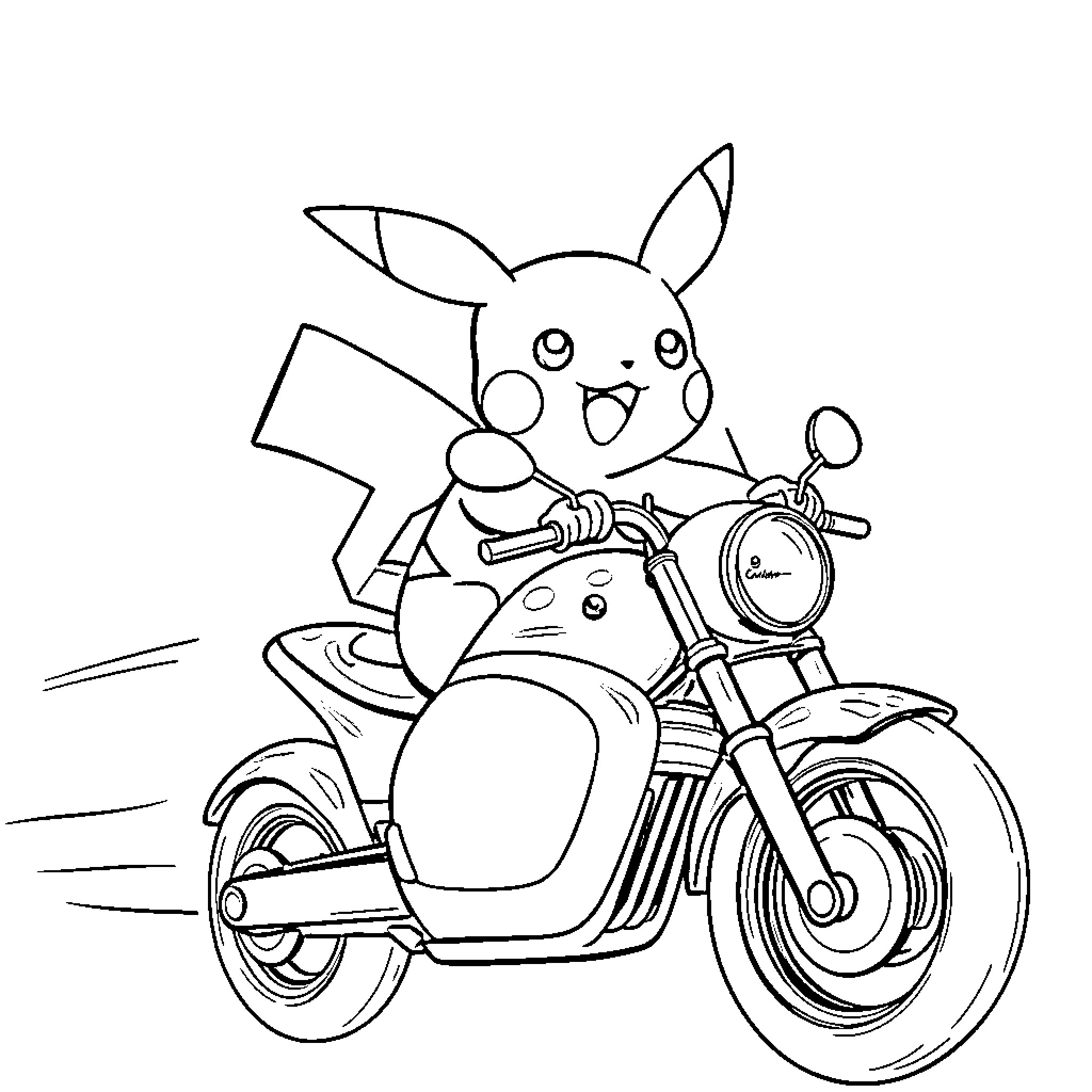 Pikachu riding a motorcycle with enthusiasm Coloring Page (free black-and-white line drawing printable PDF for all, from beginners to advanced learners, including children, teens, adults, and seniors)