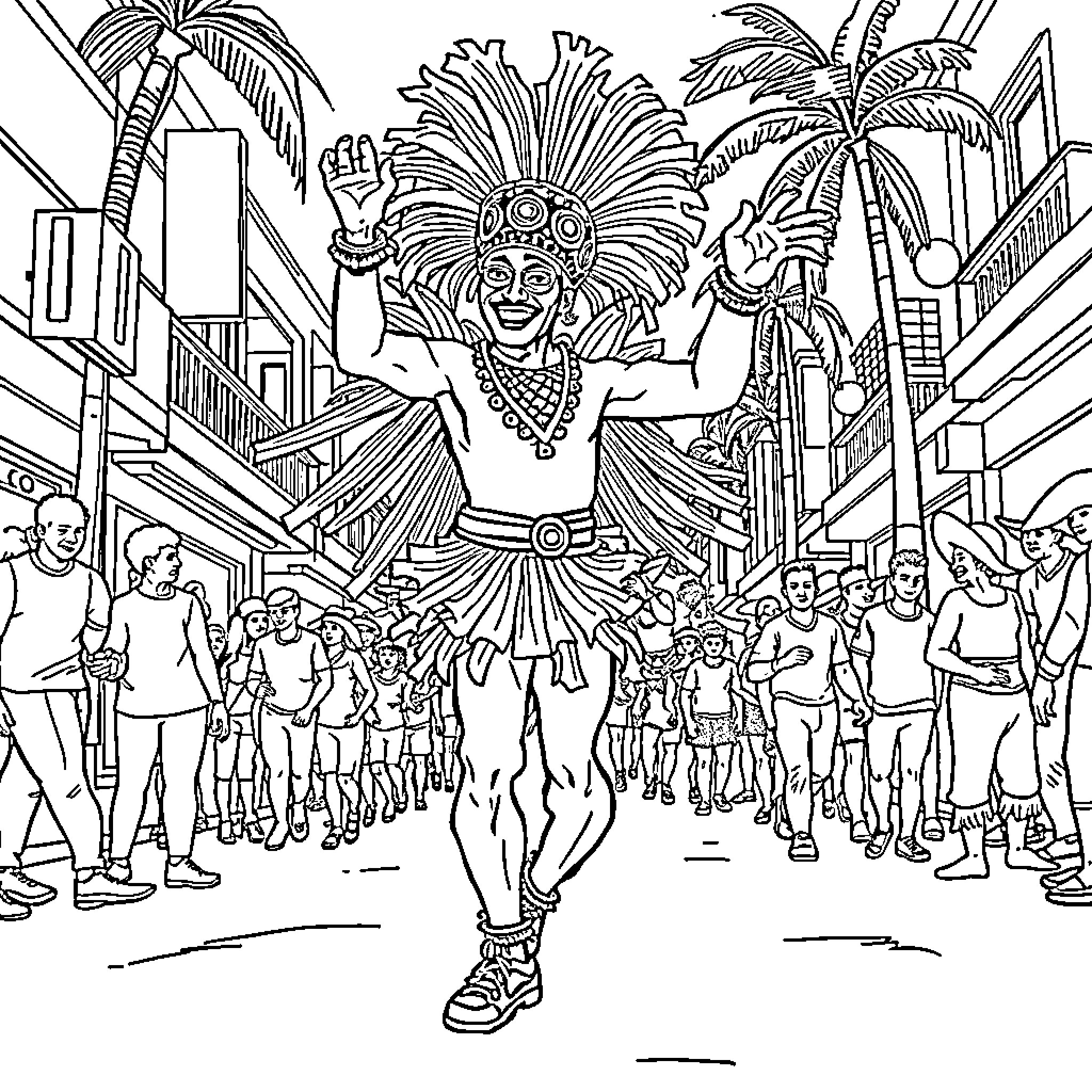 Burrokeet dancing joyfully in colorful festival parade Coloring Page (free black-and-white line drawing printable PDF for all, from beginners to advanced learners, including children, teens, adults, and seniors)