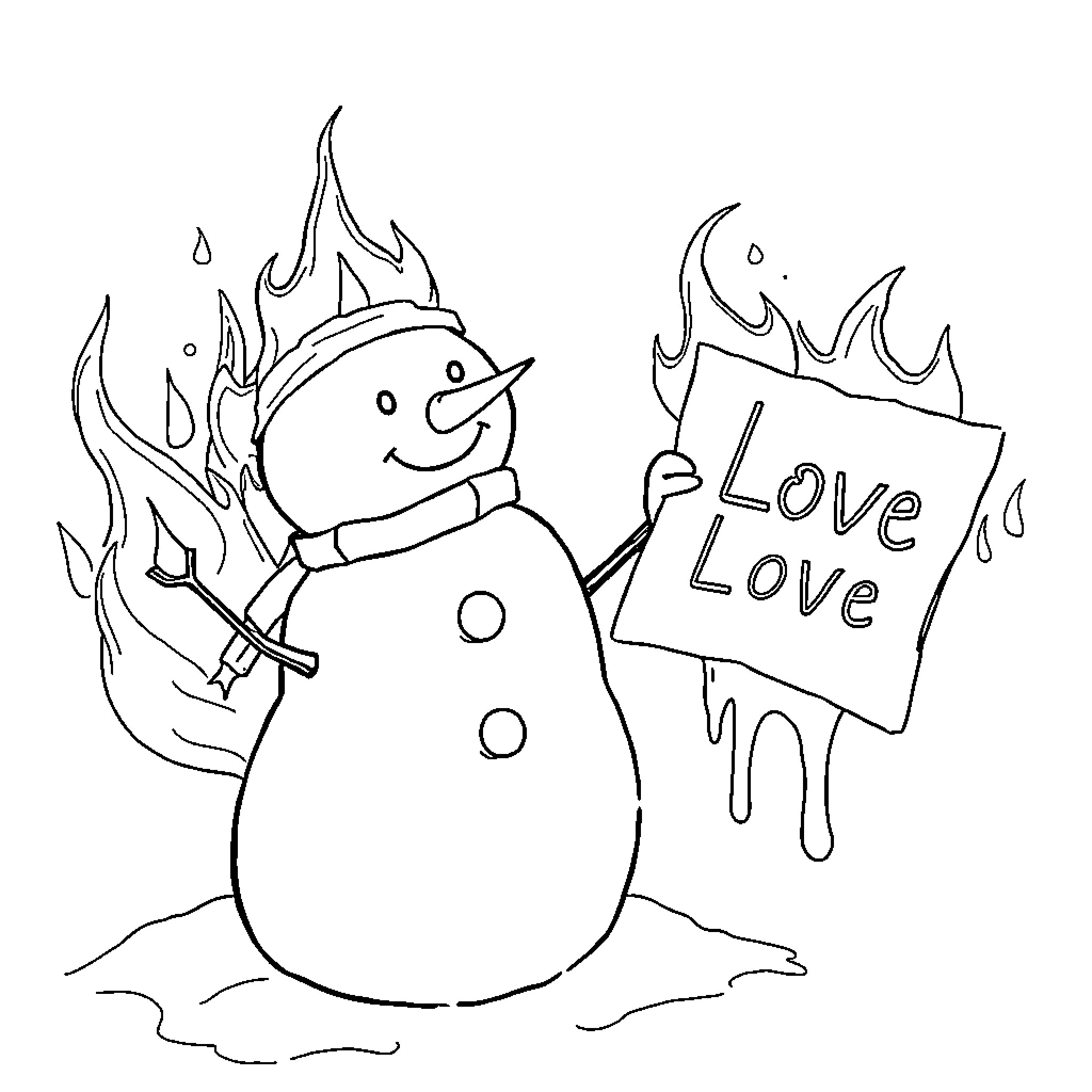 Bonhomme de Neige holding 'Love Love' sign with fire backdrop Coloring Page (free black-and-white line drawing printable PDF for all, from beginners to advanced learners, including children, teens, adults, and seniors)