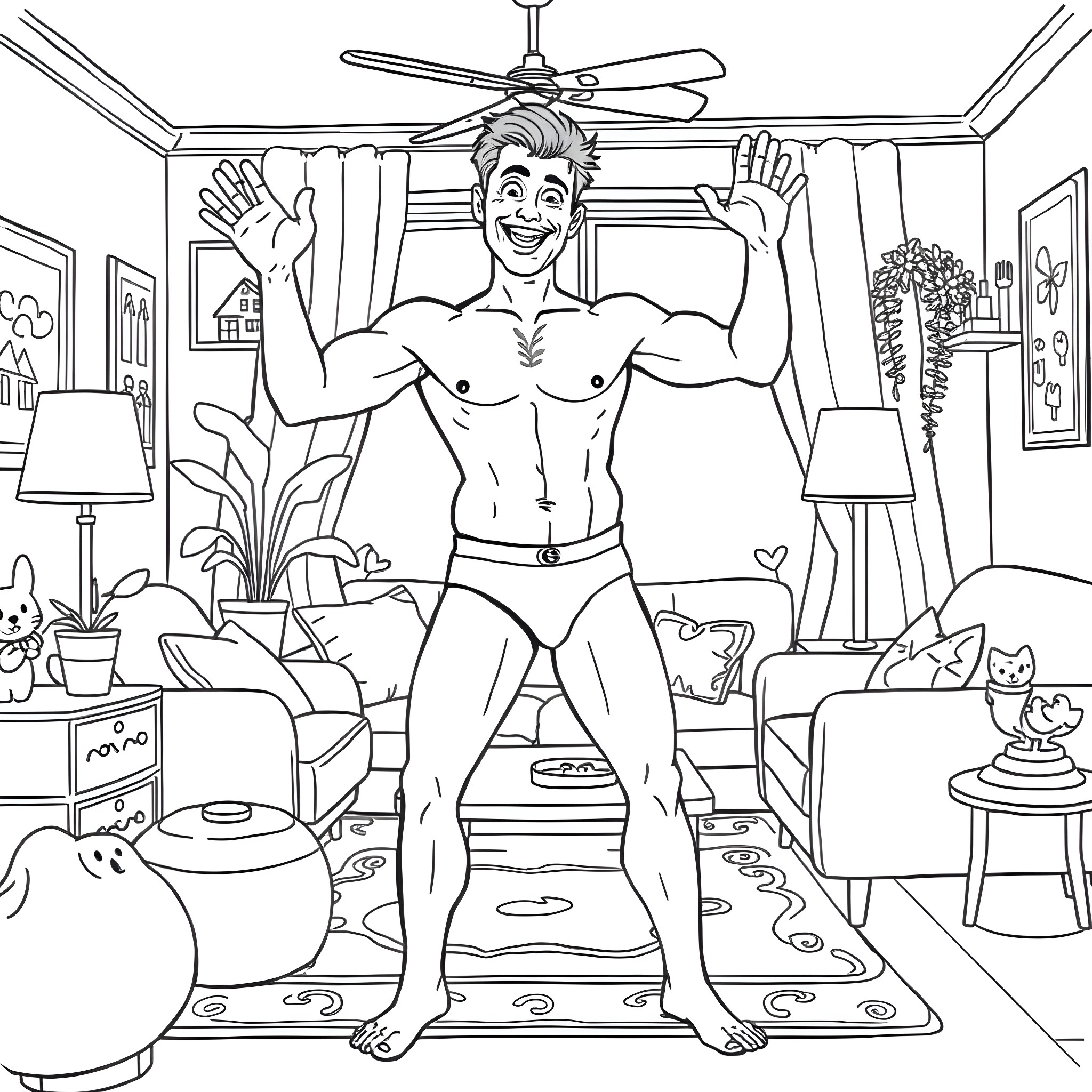 Man celebrating joyfully in his home Coloring Page (free black-and-white line drawing printable PDF for all, from beginners to advanced learners, including children, teens, adults, and seniors)