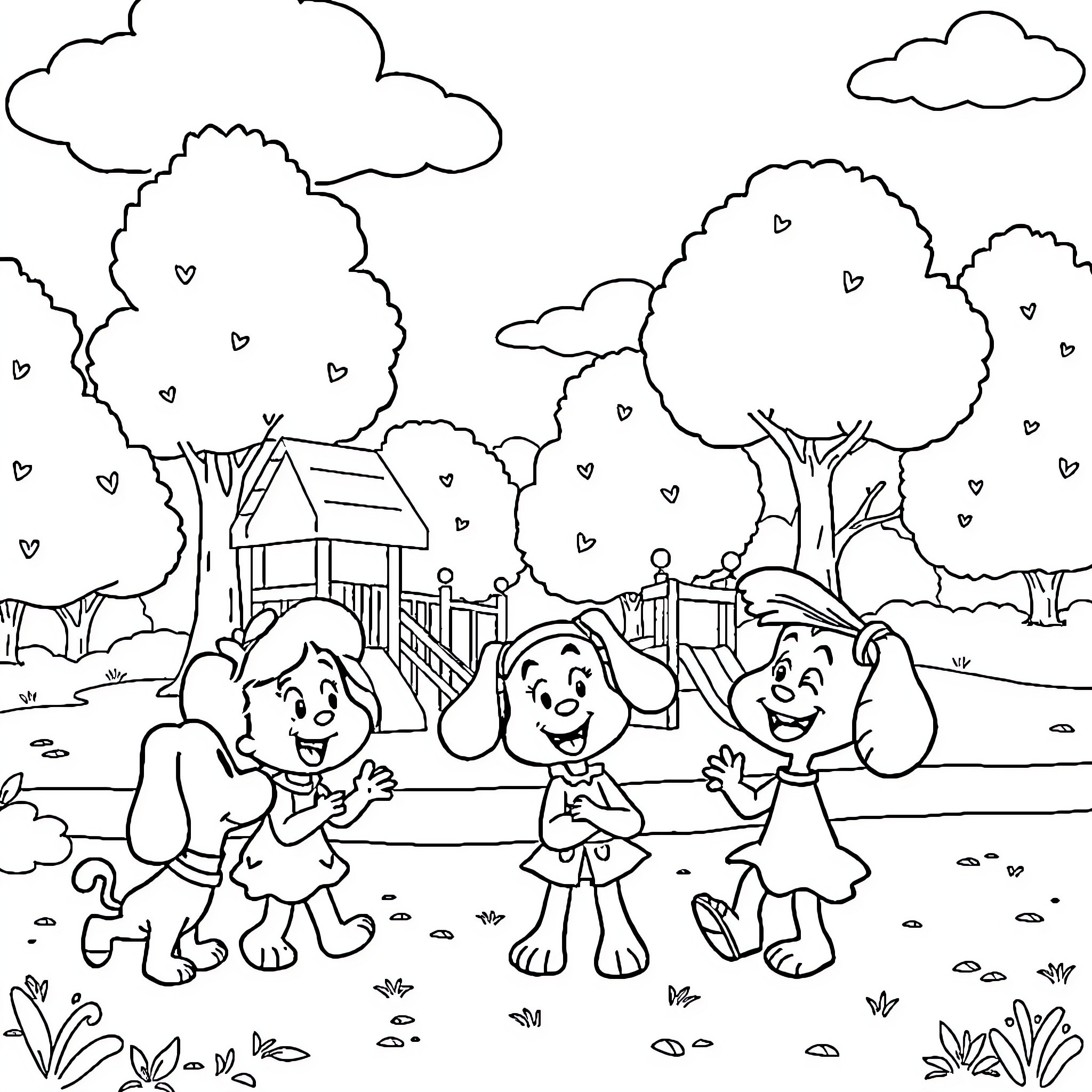 Blue's Clues Friends Explore the Outdoors Playfully Coloring Page (free black-and-white line drawing printable PDF for all, from beginners to advanced learners, including children, teens, adults, and seniors)