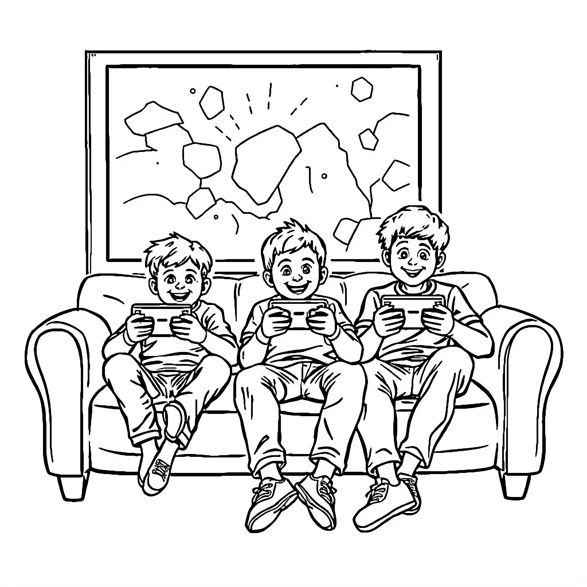 Brothers playing video games on the couch Coloring Page (free black-and-white line drawing printable PDF for all, from beginners to advanced learners, including children, teens, adults, and seniors)