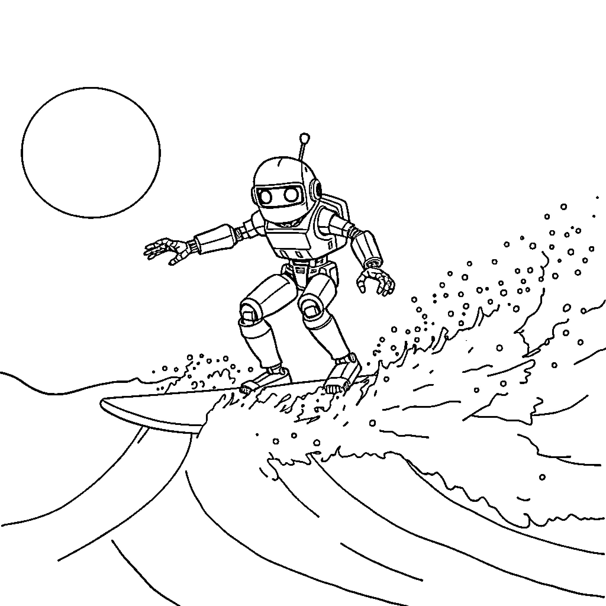 Robot riding a surfboard in the ocean Coloring Page (free black-and-white line drawing printable PDF for all, from beginners to advanced learners, including children, teens, adults, and seniors)