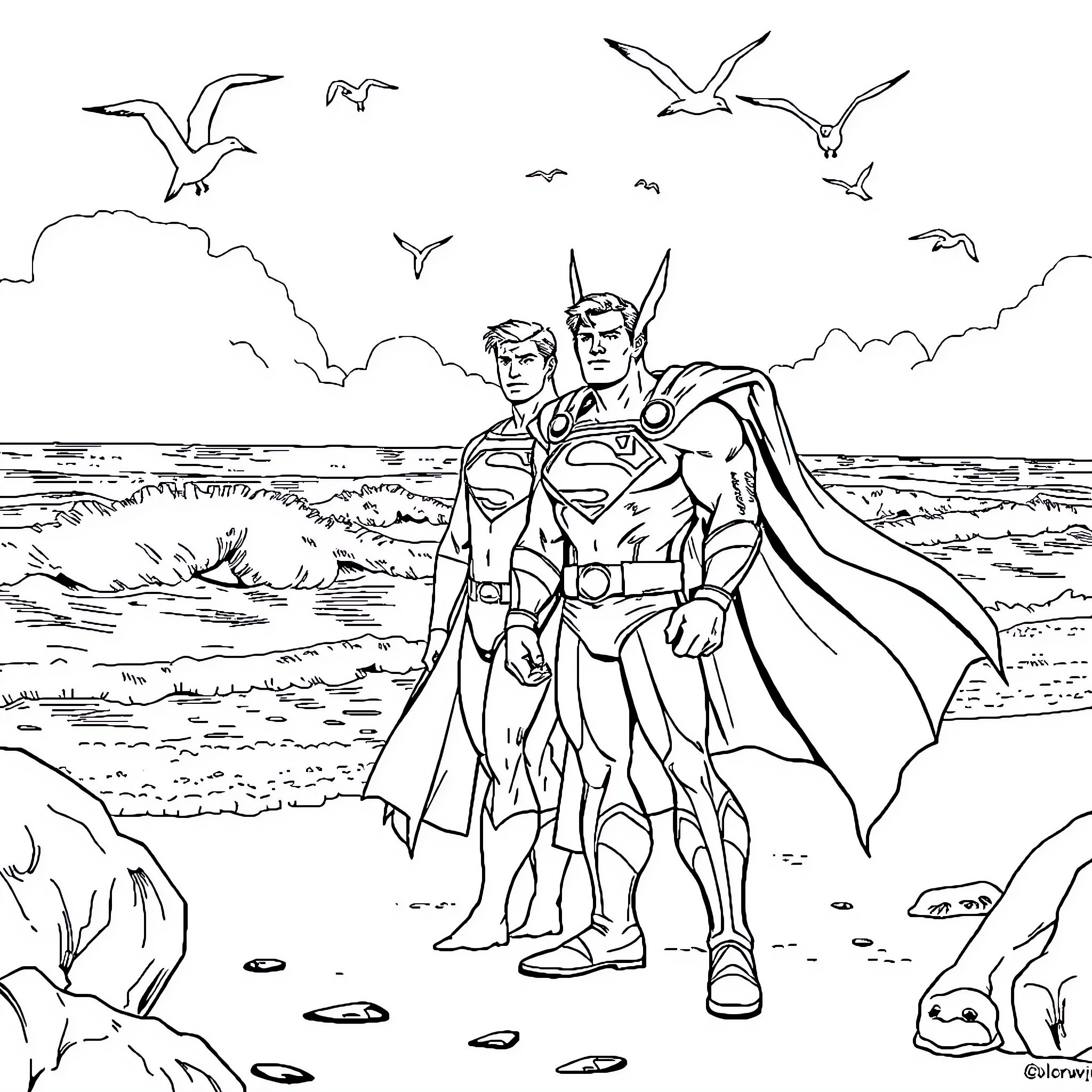 Superman heroic pose on a beach with seagulls Coloring Page (free black-and-white line drawing printable PDF for all, from beginners to advanced learners, including children, teens, adults, and seniors)