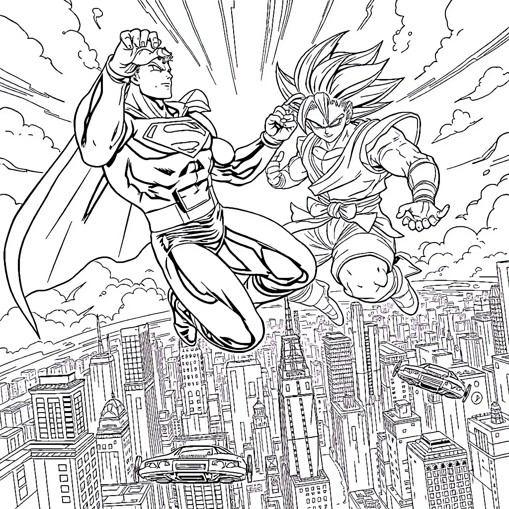 Superman's epic battle with a powerful foe in the city skyline Coloring Page (free black-and-white line drawing printable PDF for all, from beginners to advanced learners, including children, teens, adults, and seniors)